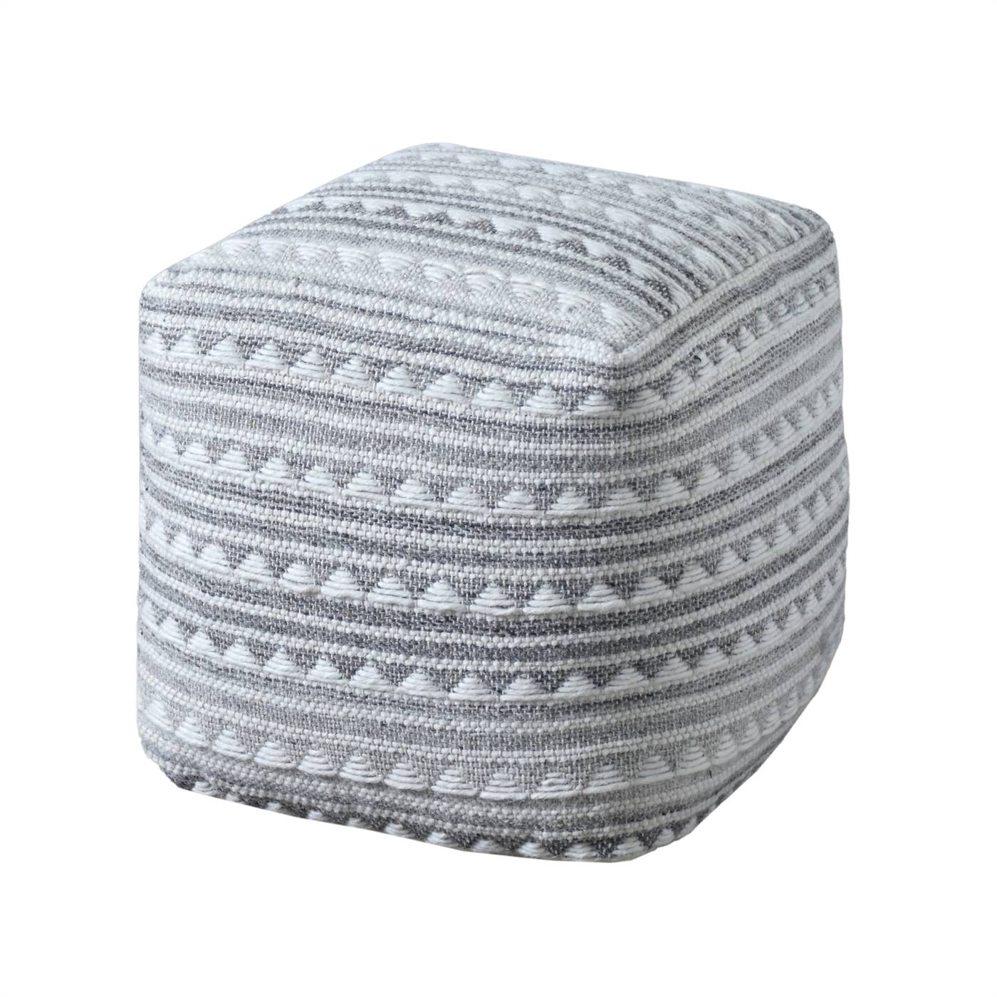 Kruzan Pouf, 40x40x40 cm, Natural White, Grey, Wool, Hand Woven, Pitloom, Flat Weave