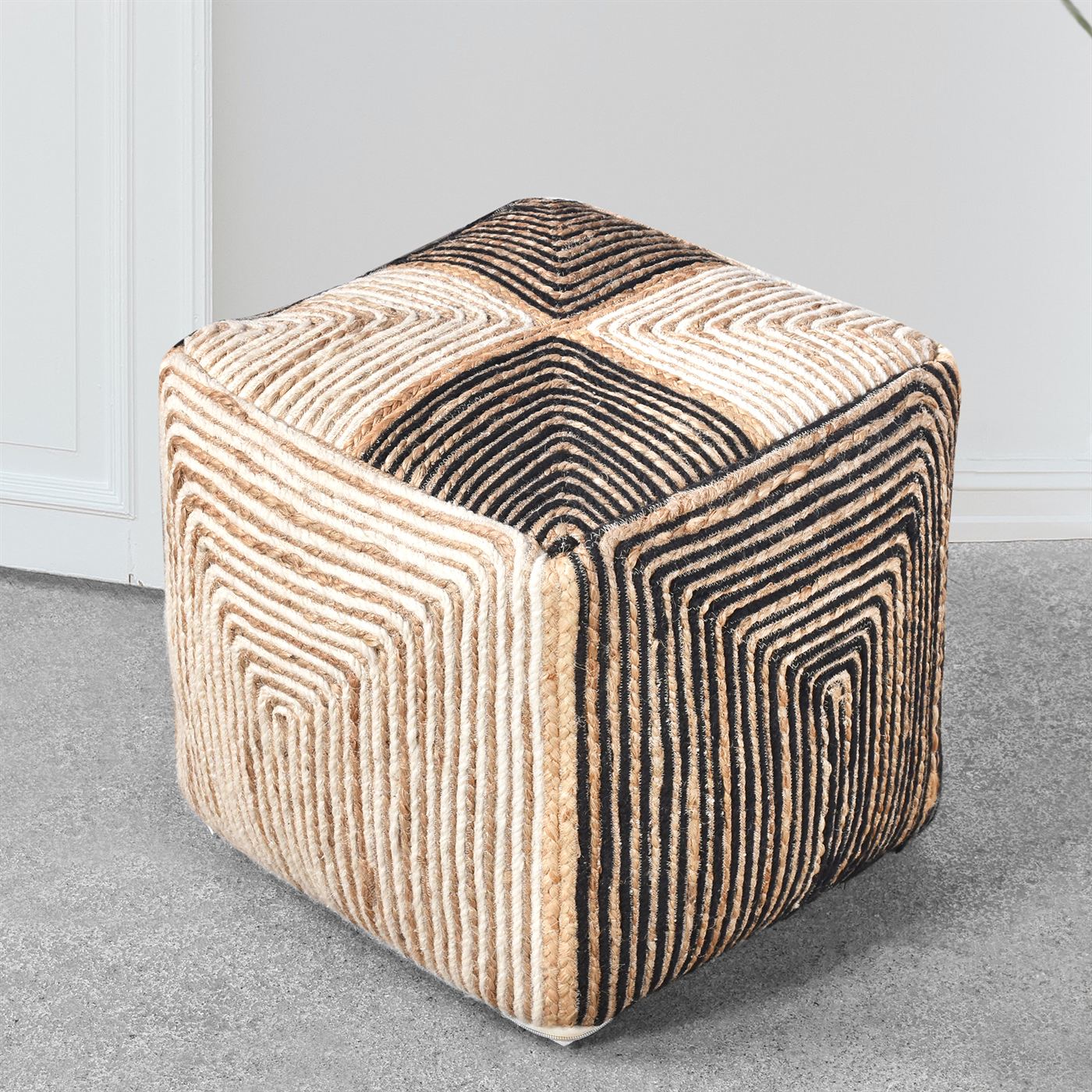 Kuchen Pouf, Wool, Jute, Natural, Natural White, Hm Stitching, Flat Weave