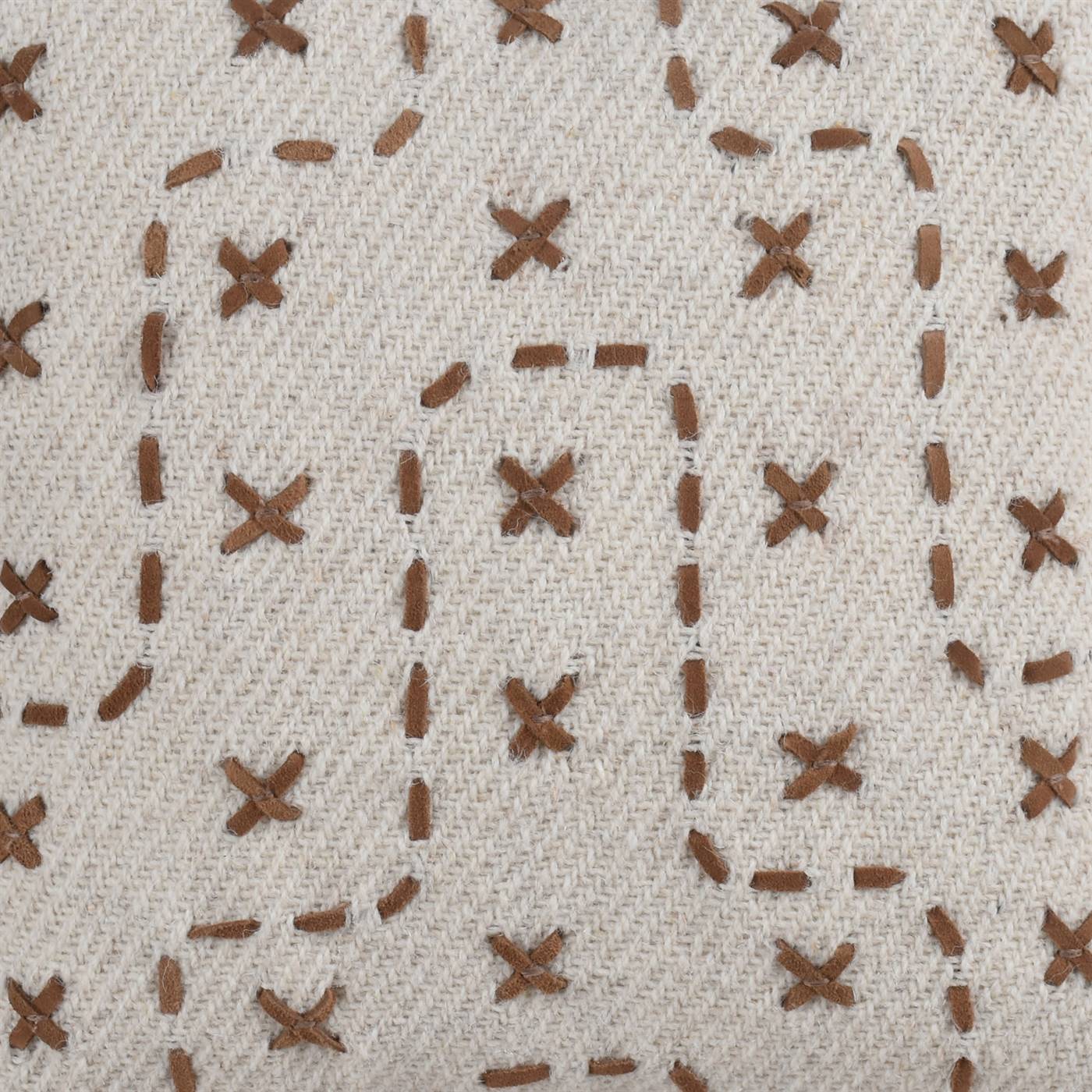 Leamington Cushion, 45x45 cm, Natural White, Brown, Wool, Leather, Hand Made, Hm Stitching, Flat Weave