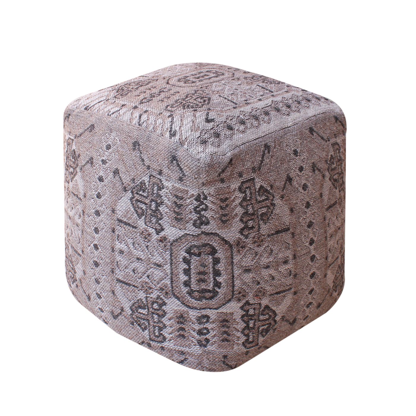 Leshten-II Pouf, Wool Polyester Blend, Natural White, Beige, Jaquard Durry, Flat Weave