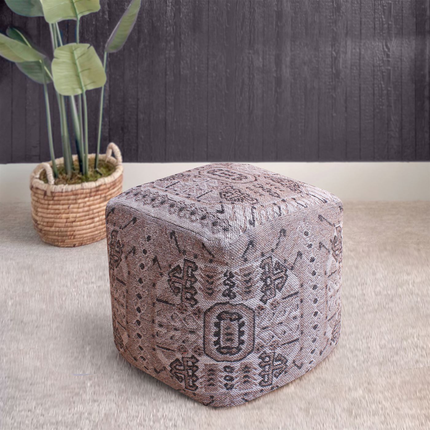 Leshten-II Pouf, Wool Polyester Blend, Natural White, Beige, Jaquard Durry, Flat Weave