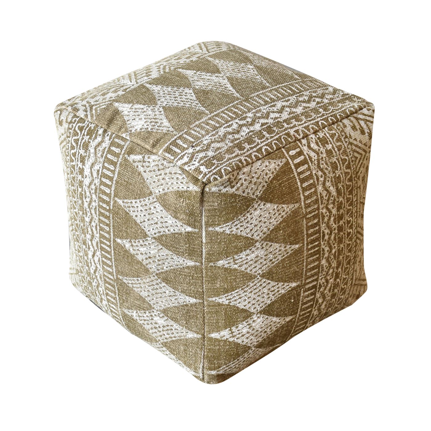 Leura Pouf, Cotton, Printed, Olive, PITLOOM / FLAT WEAVE