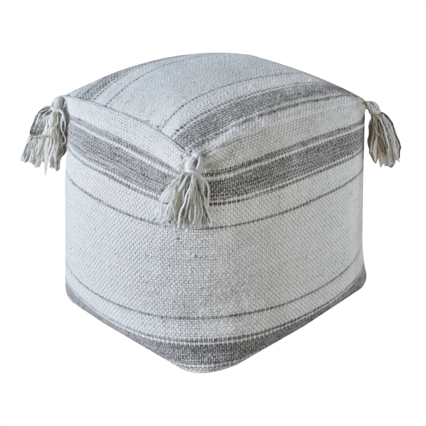 Leyton Pouf, 40x40x40 cm, Natural White, Grey, Wool, Hand Woven, Pitloom, Flat Weave