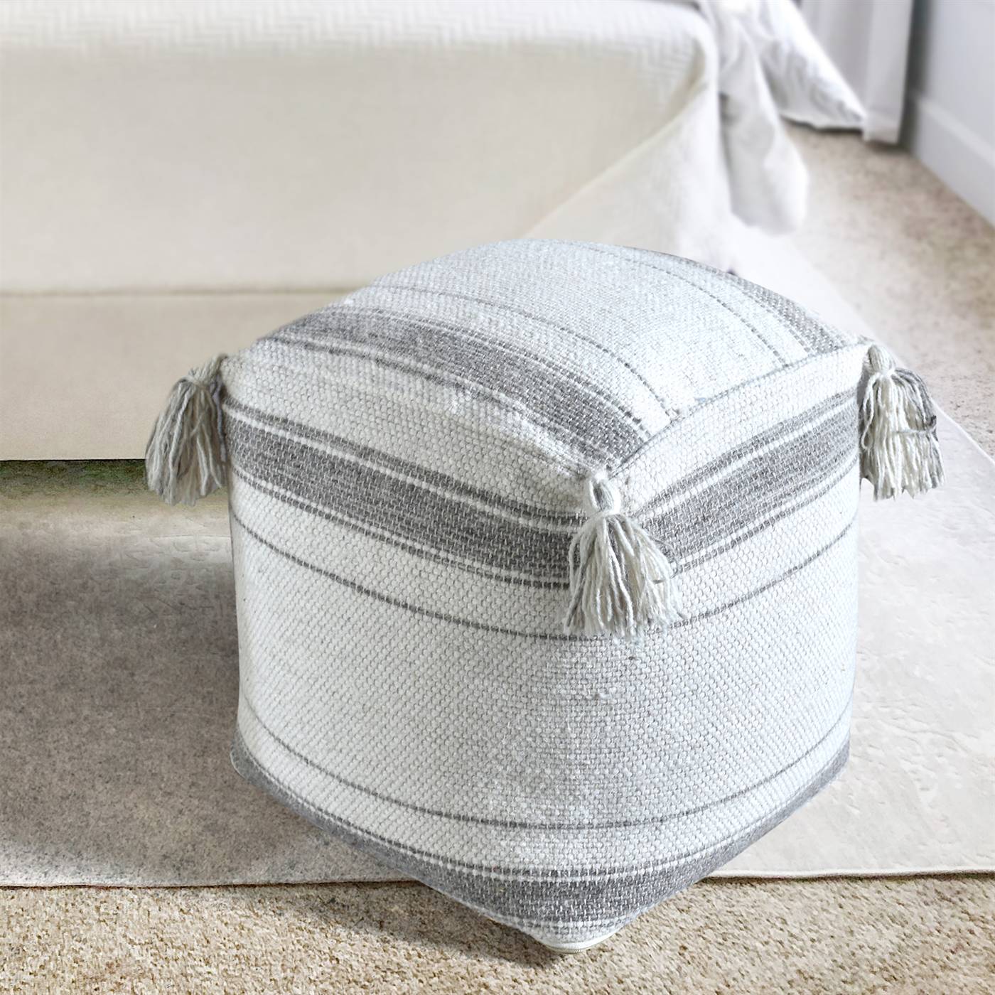 Leyton Pouf, 40x40x40 cm, Natural White, Grey, Wool, Hand Woven, Pitloom, Flat Weave