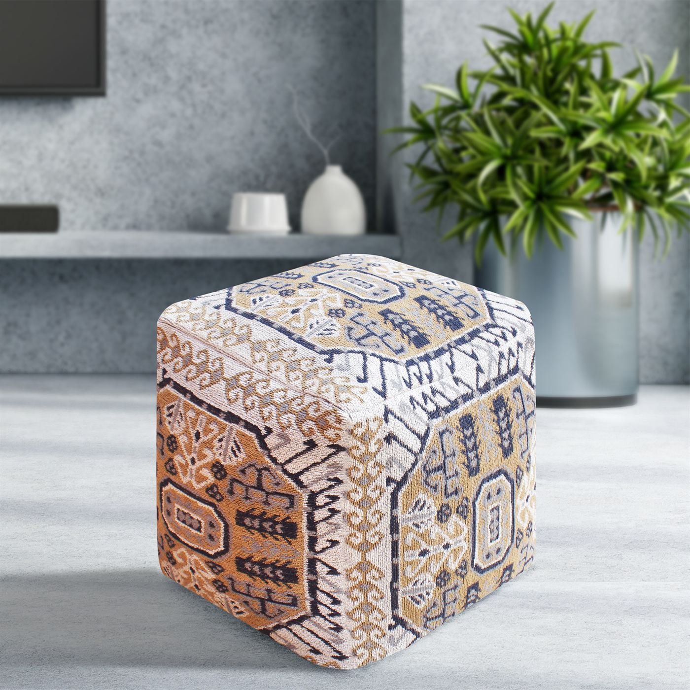 Ligovo - III Pouf, Cotton, Polyester, Grey, Blue, Jaquard Durry, Flat Weave