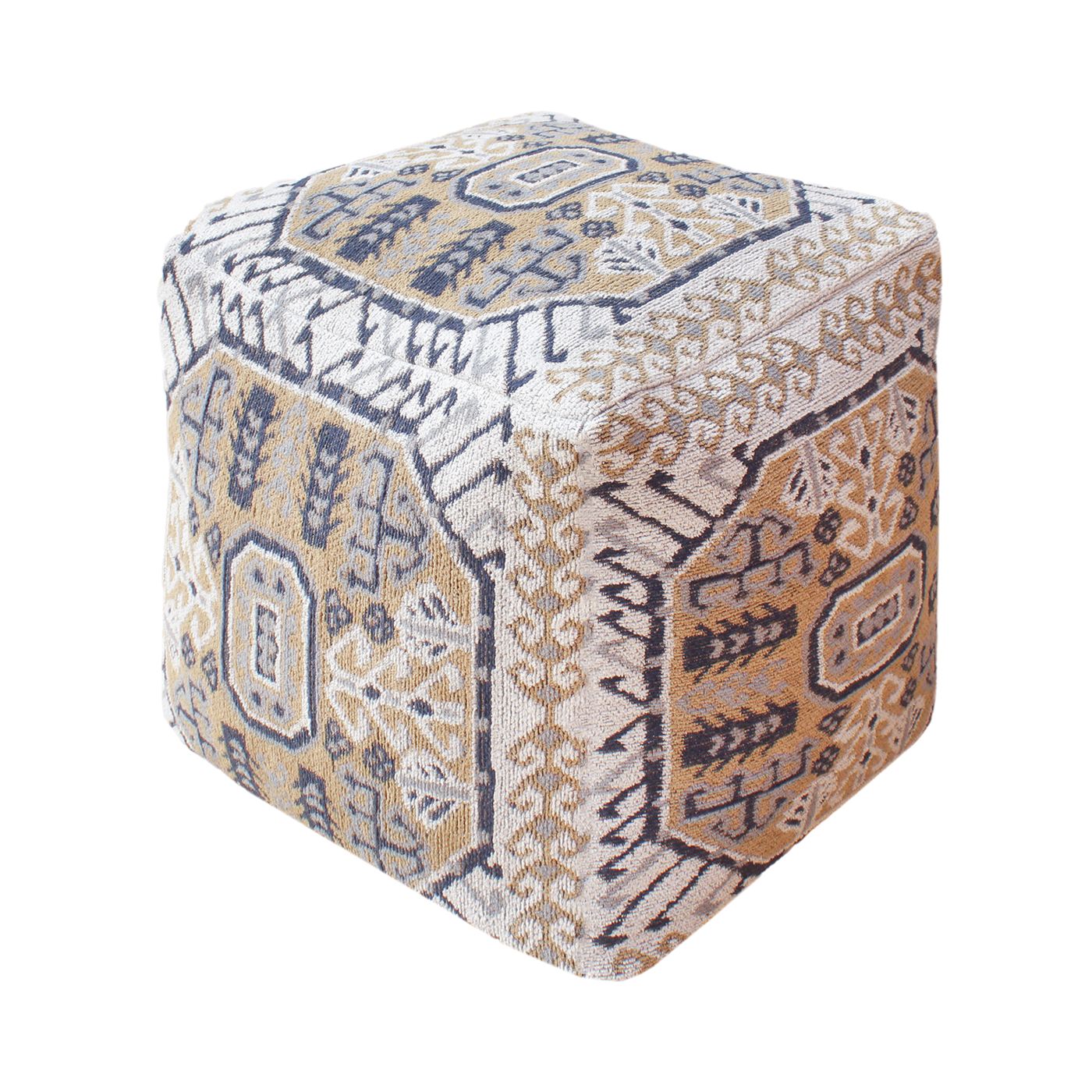 Ligovo - III Pouf, Cotton, Polyester, Grey, Blue, Jaquard Durry, Flat Weave