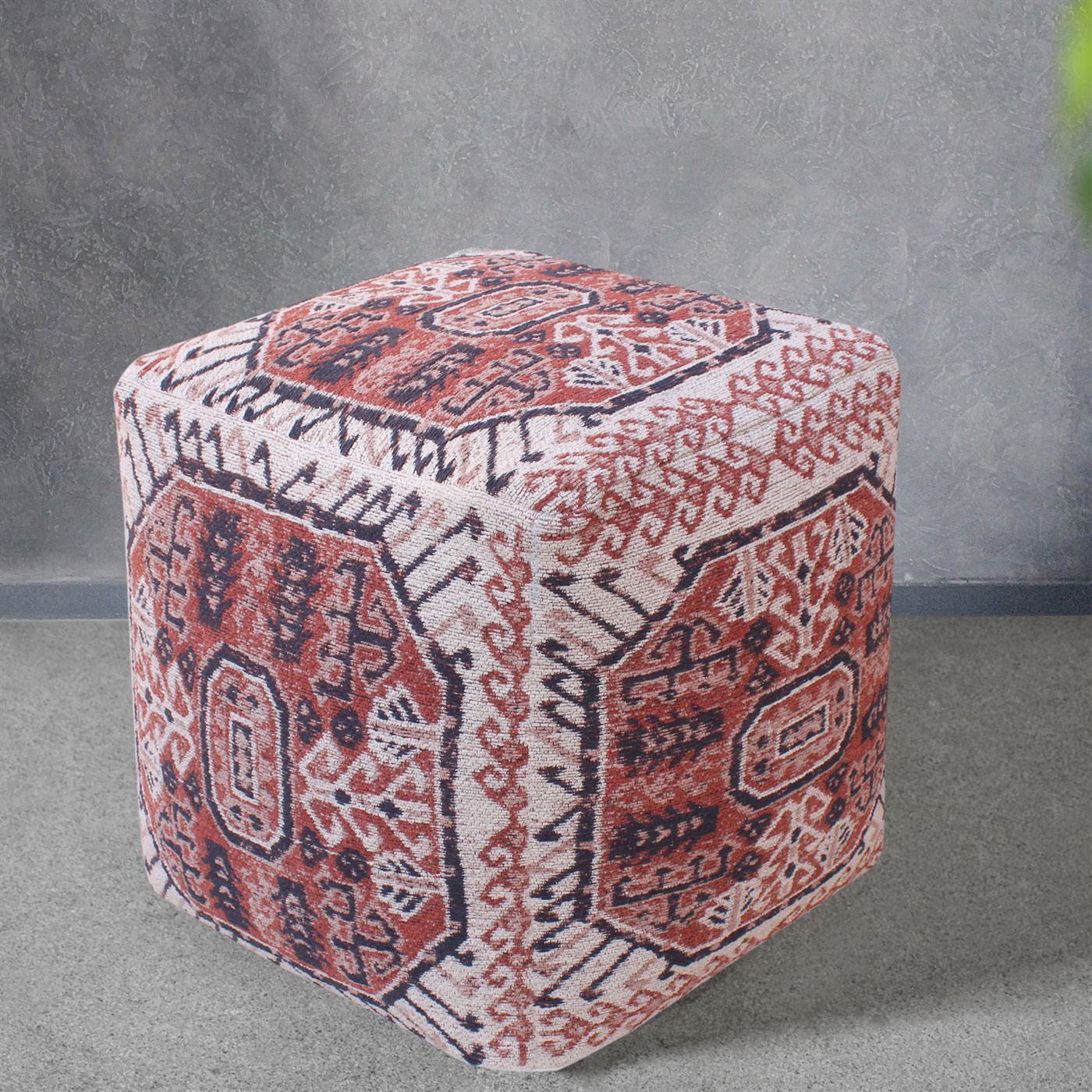 Ligovo-II Pouf, Cotton, Polyester, Natural White, Multi, Jaquard Durry, Flat Weave