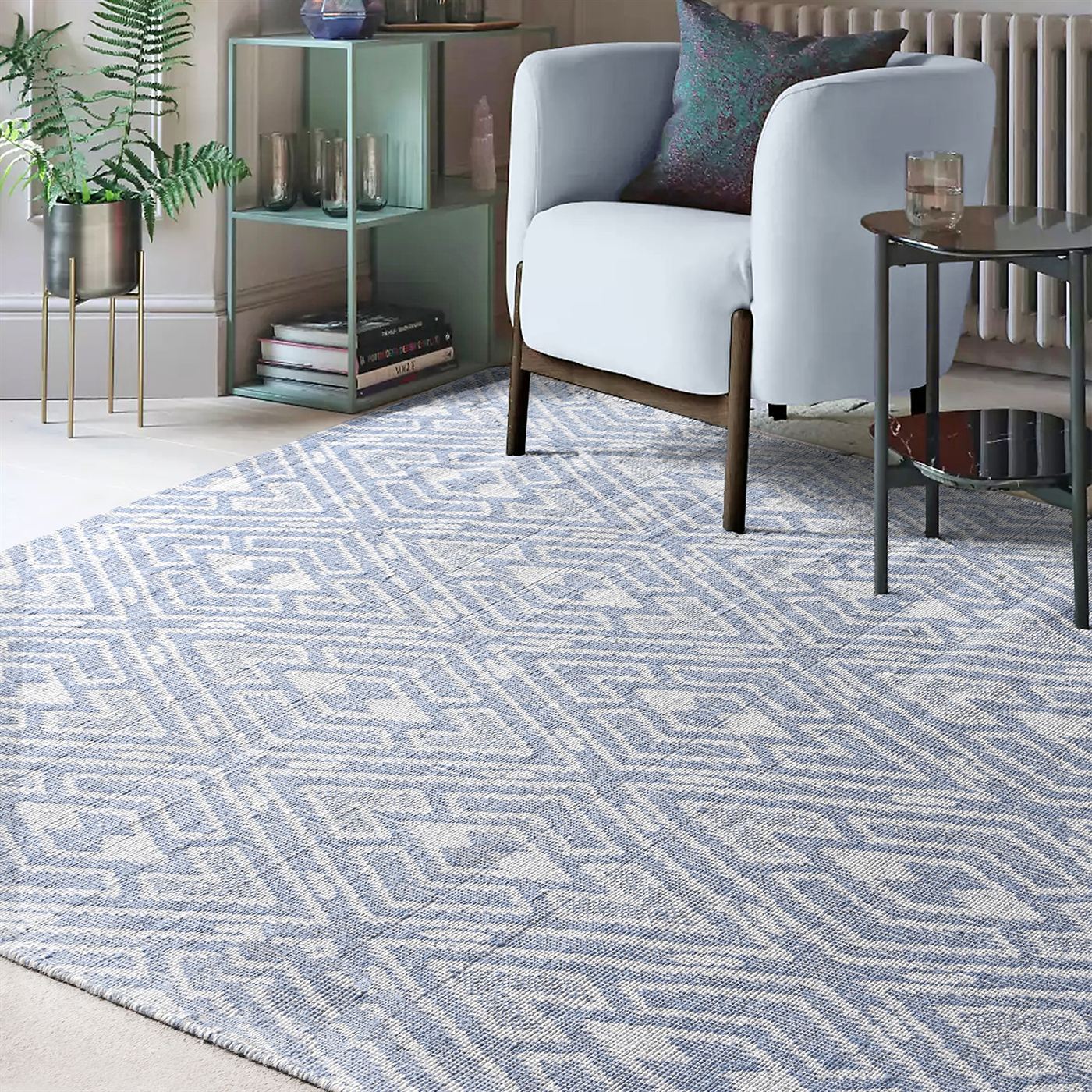 Area Rug, Bedroom Rug, Living Room Rug, Living Area Rug, Indian Rug, Office Carpet, Office Rug, Shop Rug Online, Wool, Natural White, Blue, Jaquard Durry, Flat Weave, Modern