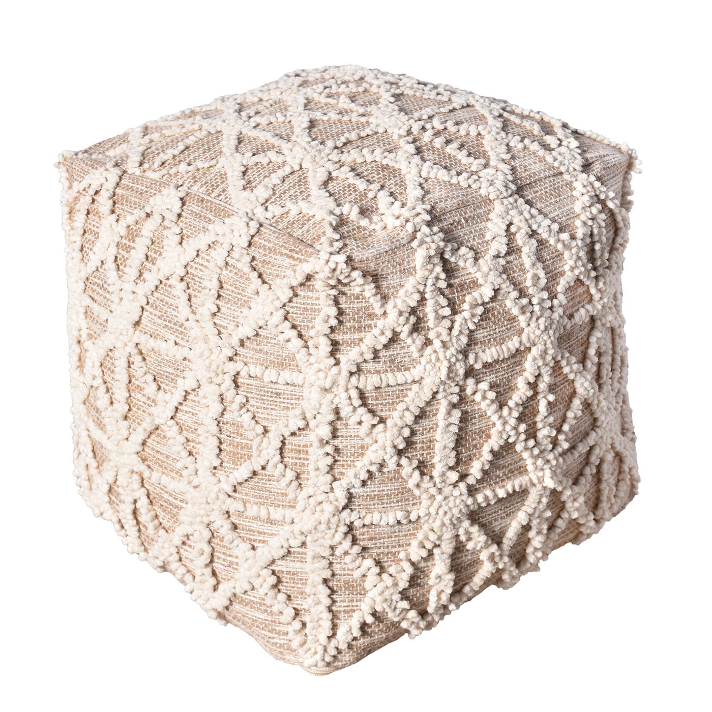 Maloren Pouf, Jute, Cotton, Natural,Natural White, Pitloom, All Loop