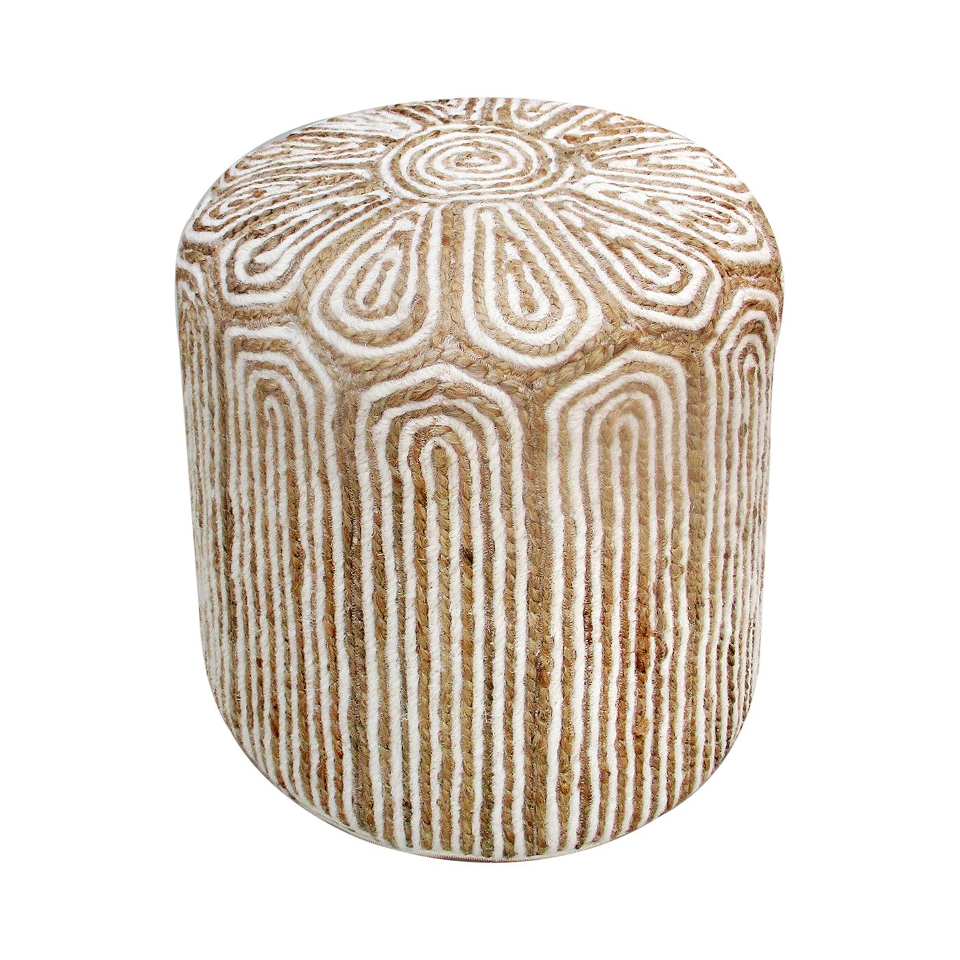 Maslin Round Pouf, Jute, Wool, Natural,Natural White, Hm Stitching, Flat Weave