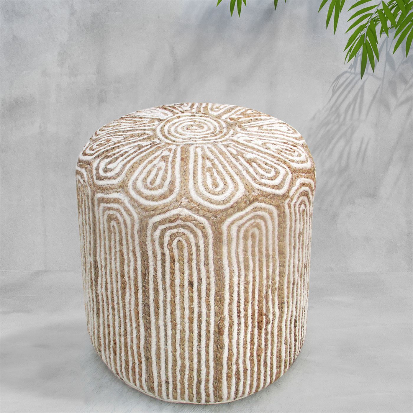 Maslin Round Pouf, Jute, Wool, Natural,Natural White, Hm Stitching, Flat Weave