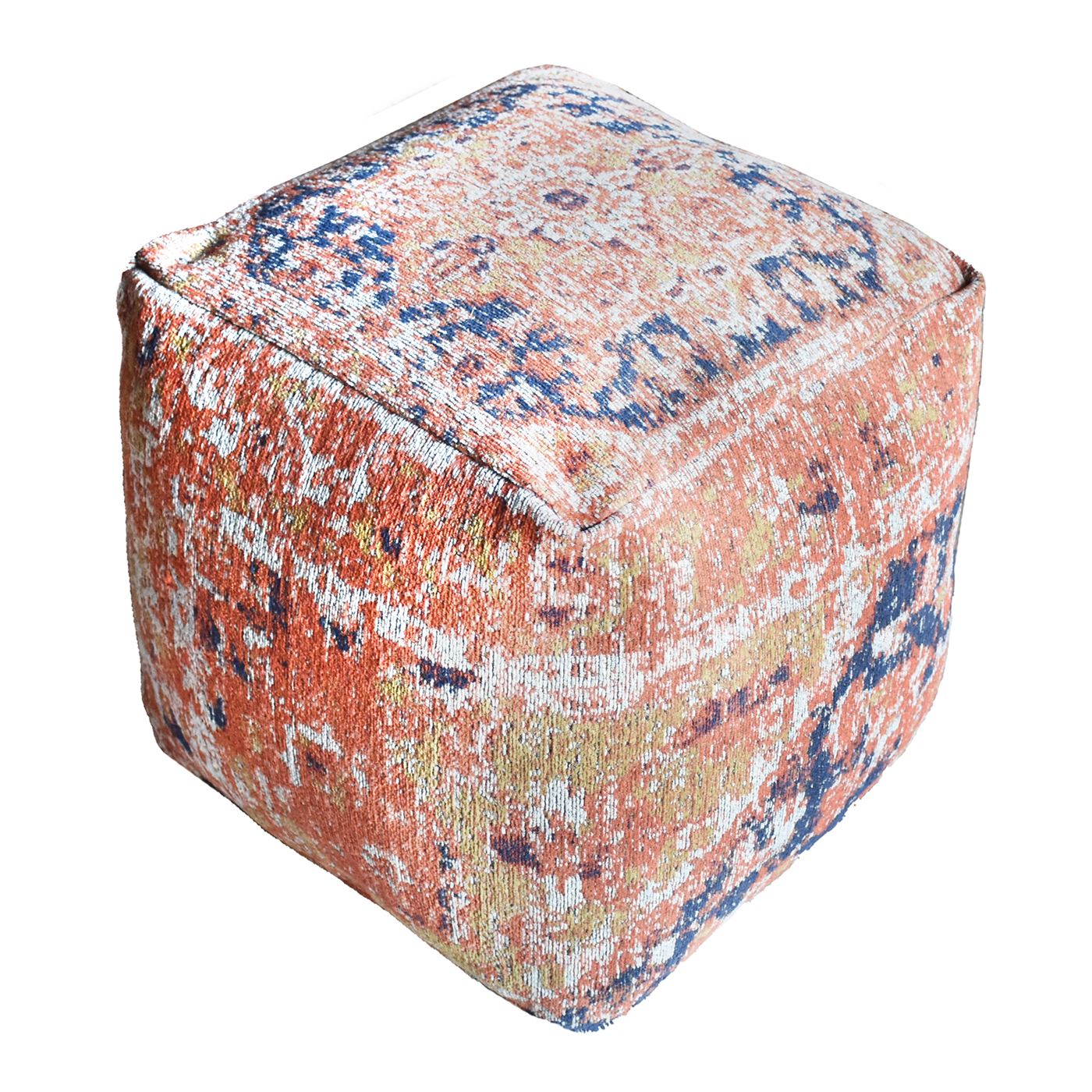 Meron Pouf, Cotton Chenille, Terra,Multi, Jaquard Durry, Flat Weave