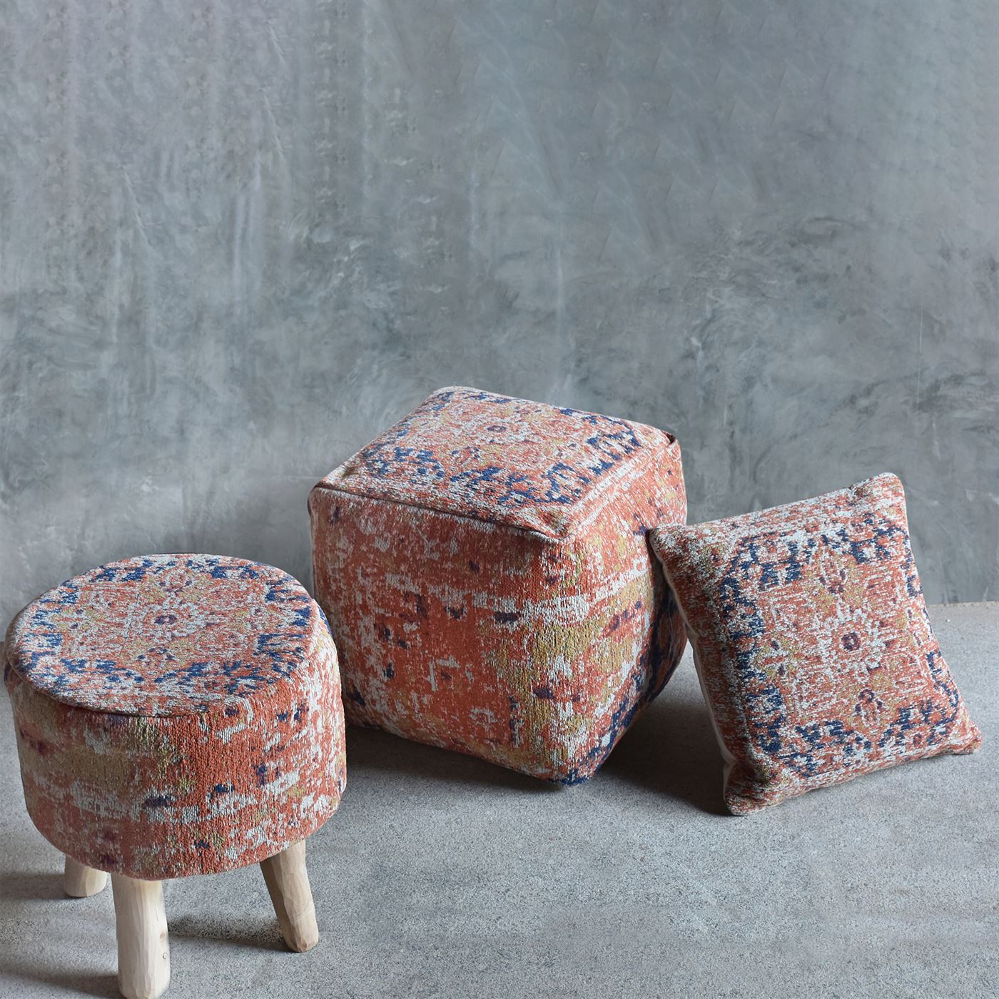 Meron Pouf, Cotton Chenille, Terra,Multi, Jaquard Durry, Flat Weave