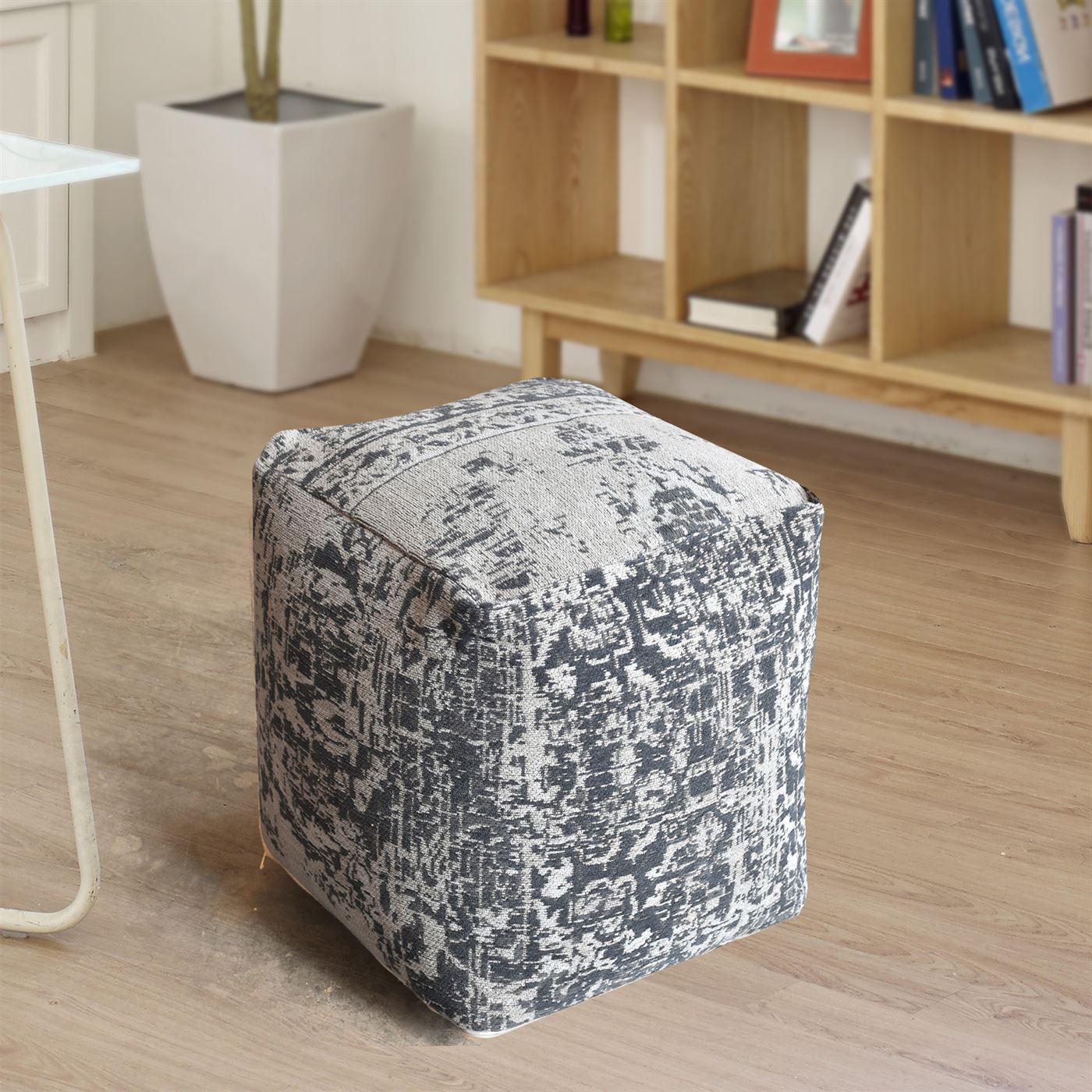 Merriwa Pouf, Cotton Chenille, Grey, Jaquard Durry, Flat Weave