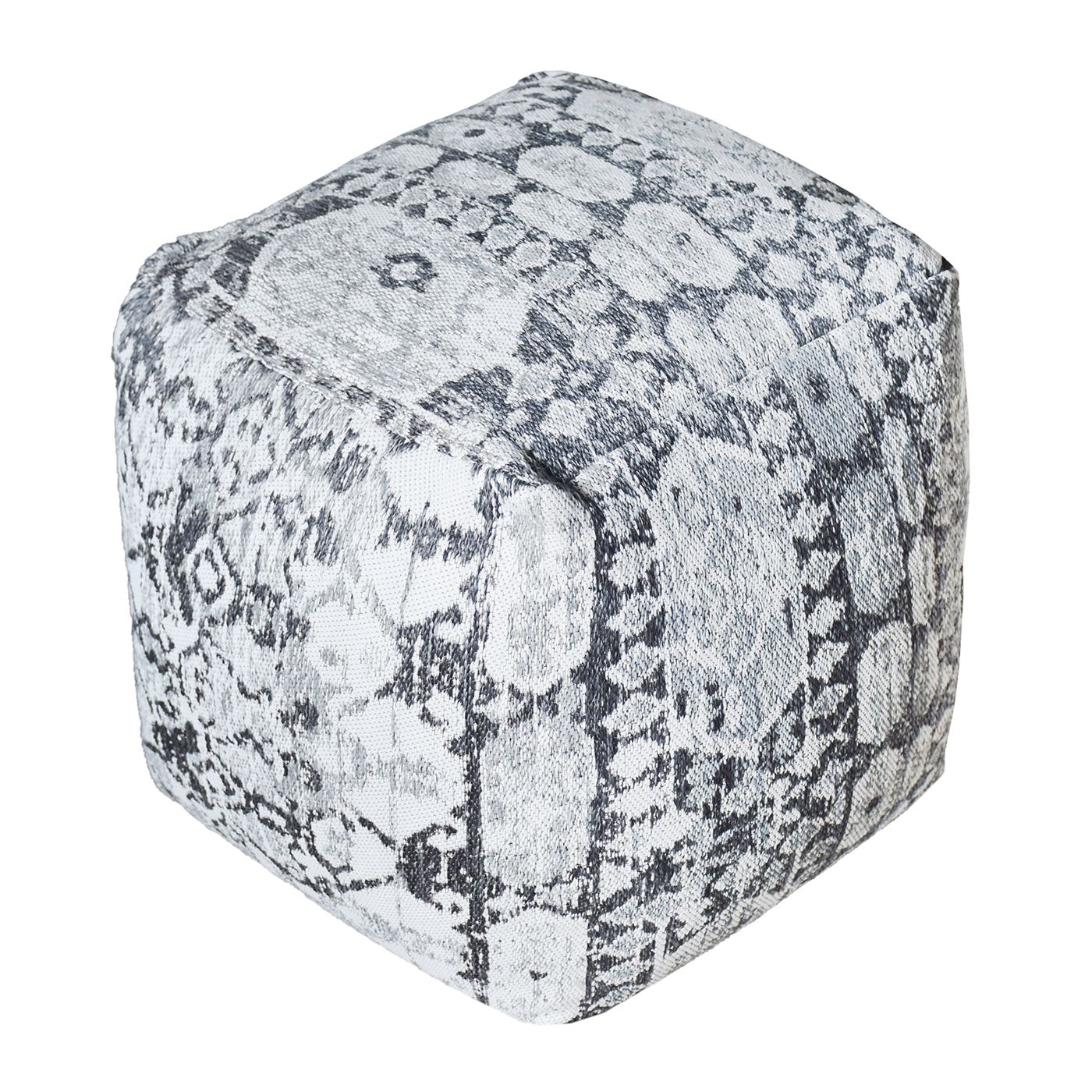 Mihla-III Pouf, Polypropylene, Natural White,Grey, Jaquard Durry, Flat Weave