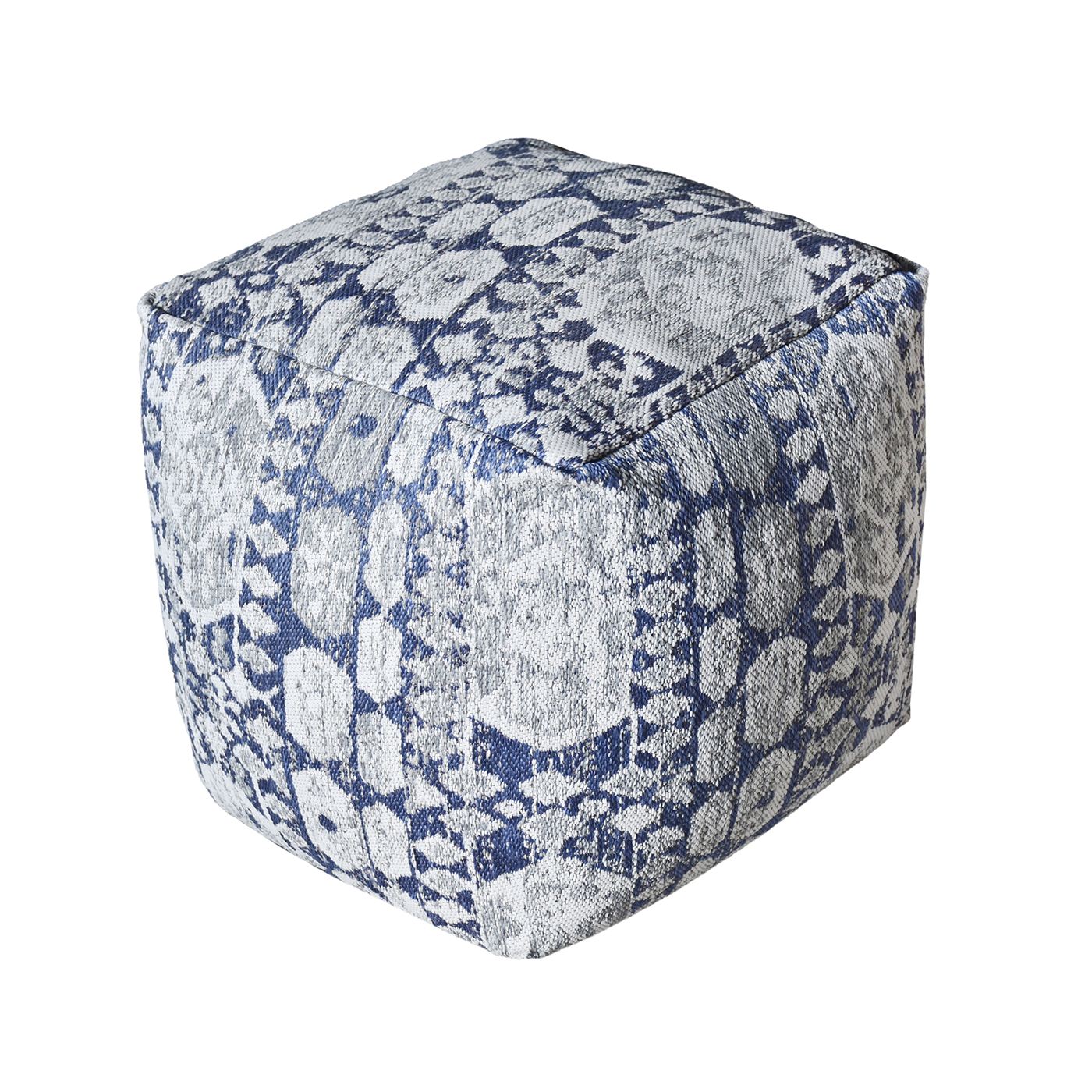 Mihla-III Pouf, Polypropylene, Natural White,Grey,Blue, Jaquard Durry, Flat Weave
