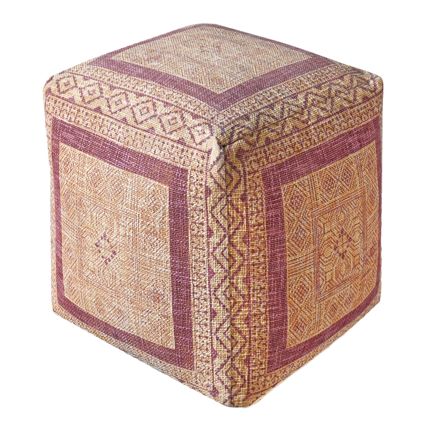 Miyako Pouf, Cotton, Beige,Wine, Hand woven, Flat Weave
