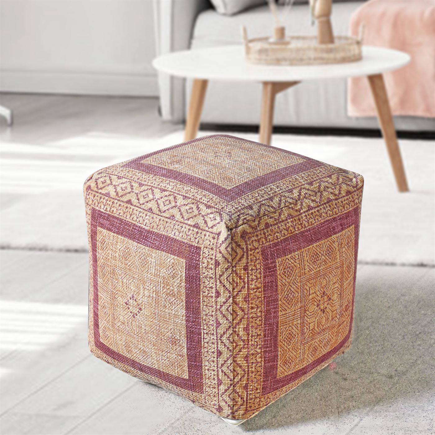 Miyako Pouf, Cotton, Beige,Wine, Hand woven, Flat Weave
