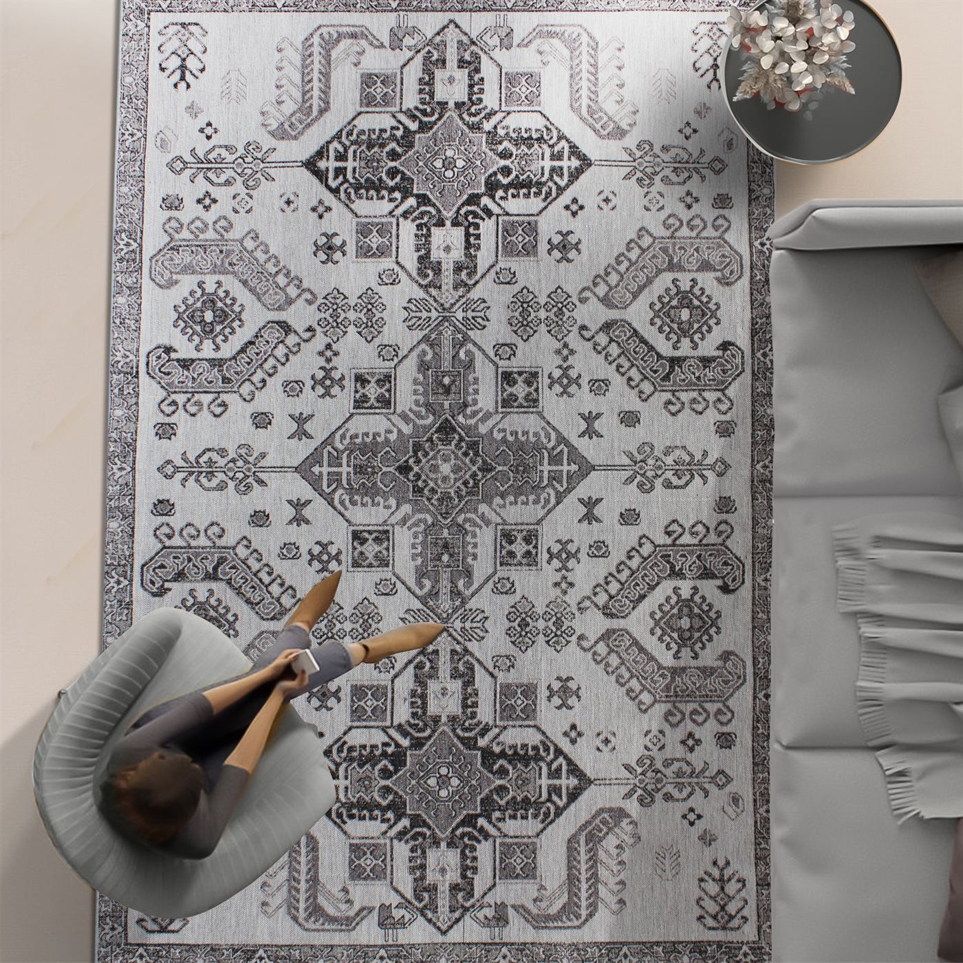 Area Rug, Bedroom Rug, Living Room Rug, Living Area Rug, Indian Rug, Office Carpet, Office Rug, Shop Rug Online, Wool Polyester Blend, Grey, Charcoal, Jaquard Durry, Flat Weave, traditional