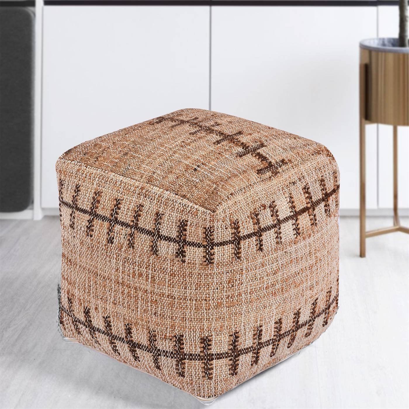 Monterey Pouf, 40x40x40 cm, Natural, Brown, Jute, Leather, Punja Kelim, Punja, Flat Weave