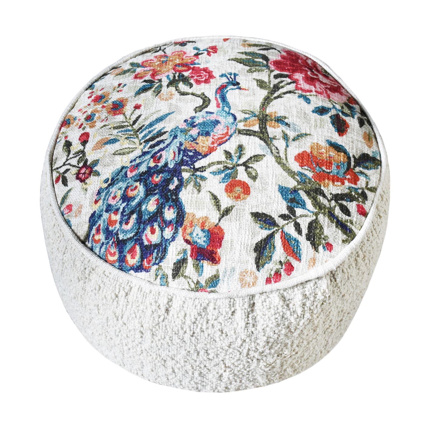 Murino Pouf, Wool, Cotton, Natural White,Multi, HANDWOVEN / ALL LOOP