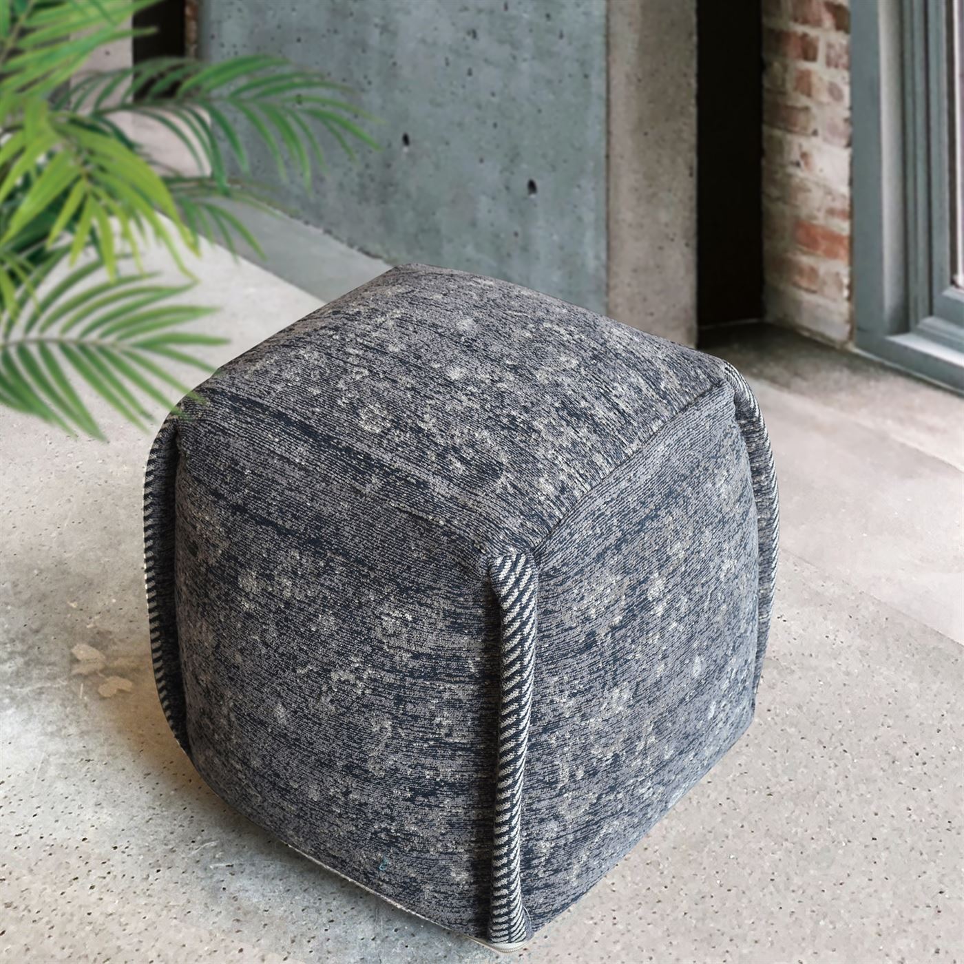Navia Pouf, Cotton Chenille, Grey, Jaquard Durry, Flat Weave