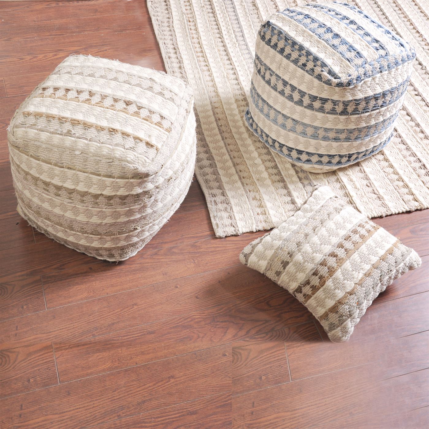 Numire Pouf, Wool, Denim,Pitloom, Flat Weave