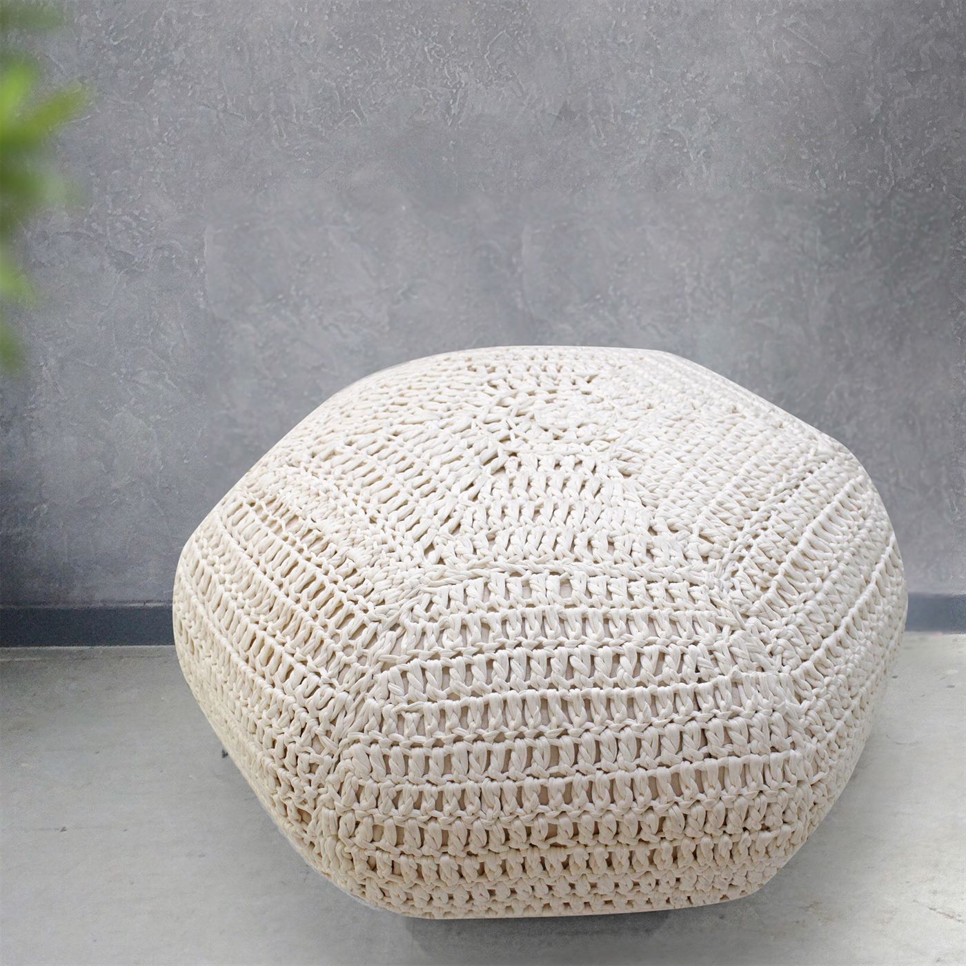 Nybro Pouf, Cotton Rag, Natural White, Hm Knitted, Flat Weave