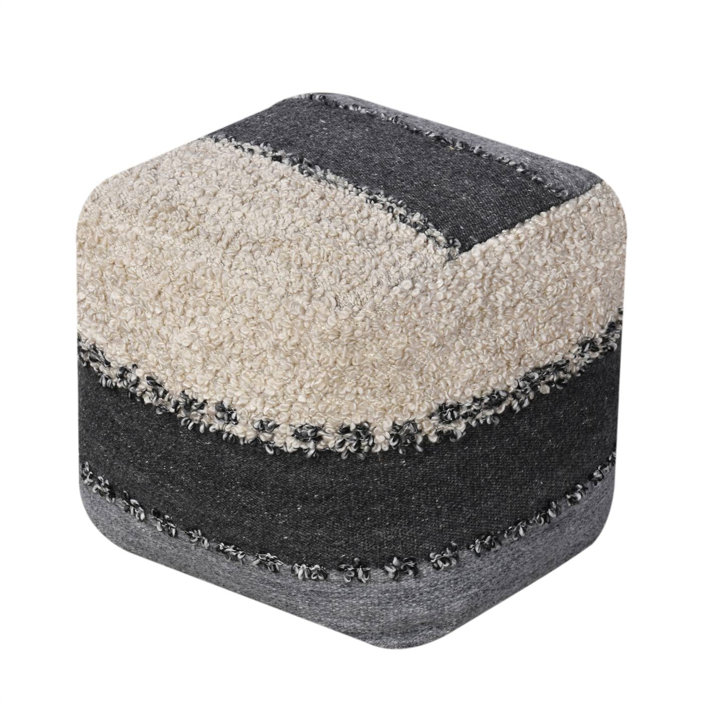 Oksino Pouf, 40x40x40 cm, Grey, Natural White, PET, Polyester, Hand Woven, Pitloom, Flat Weave