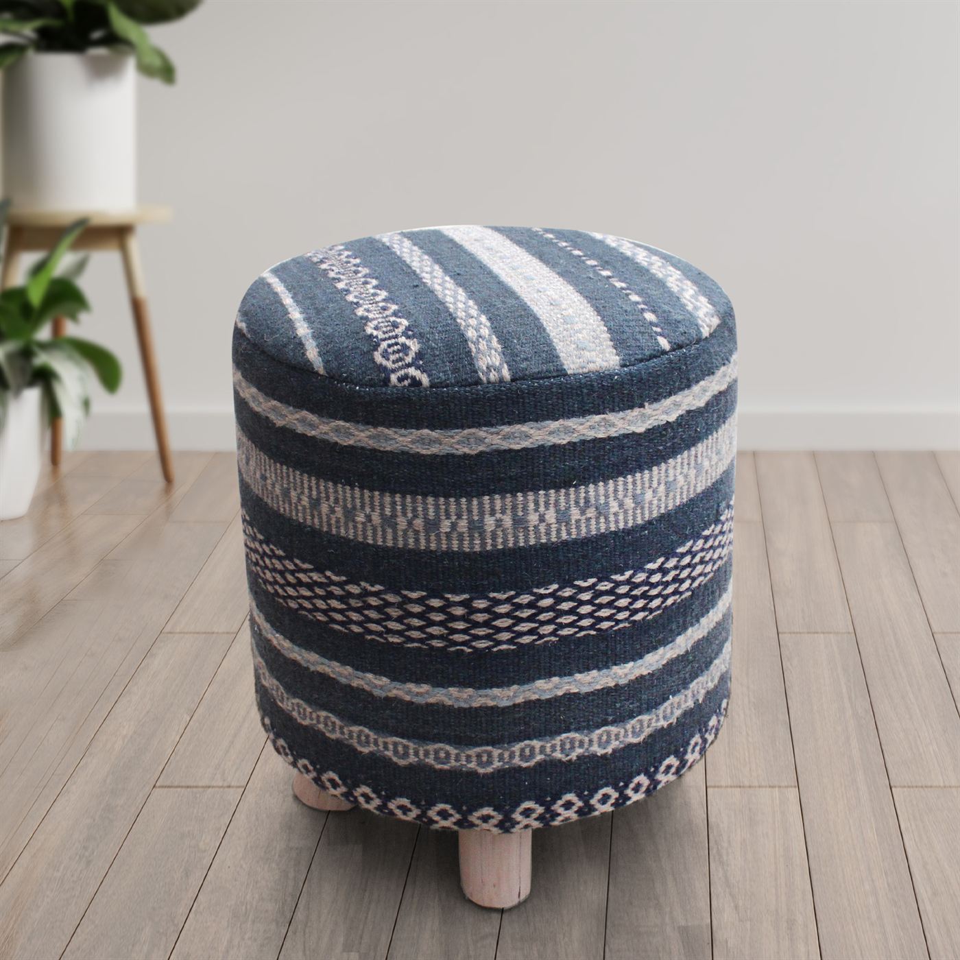 Osenovo Round Stool, Wool, Navy, Pitloom, Flat Weave