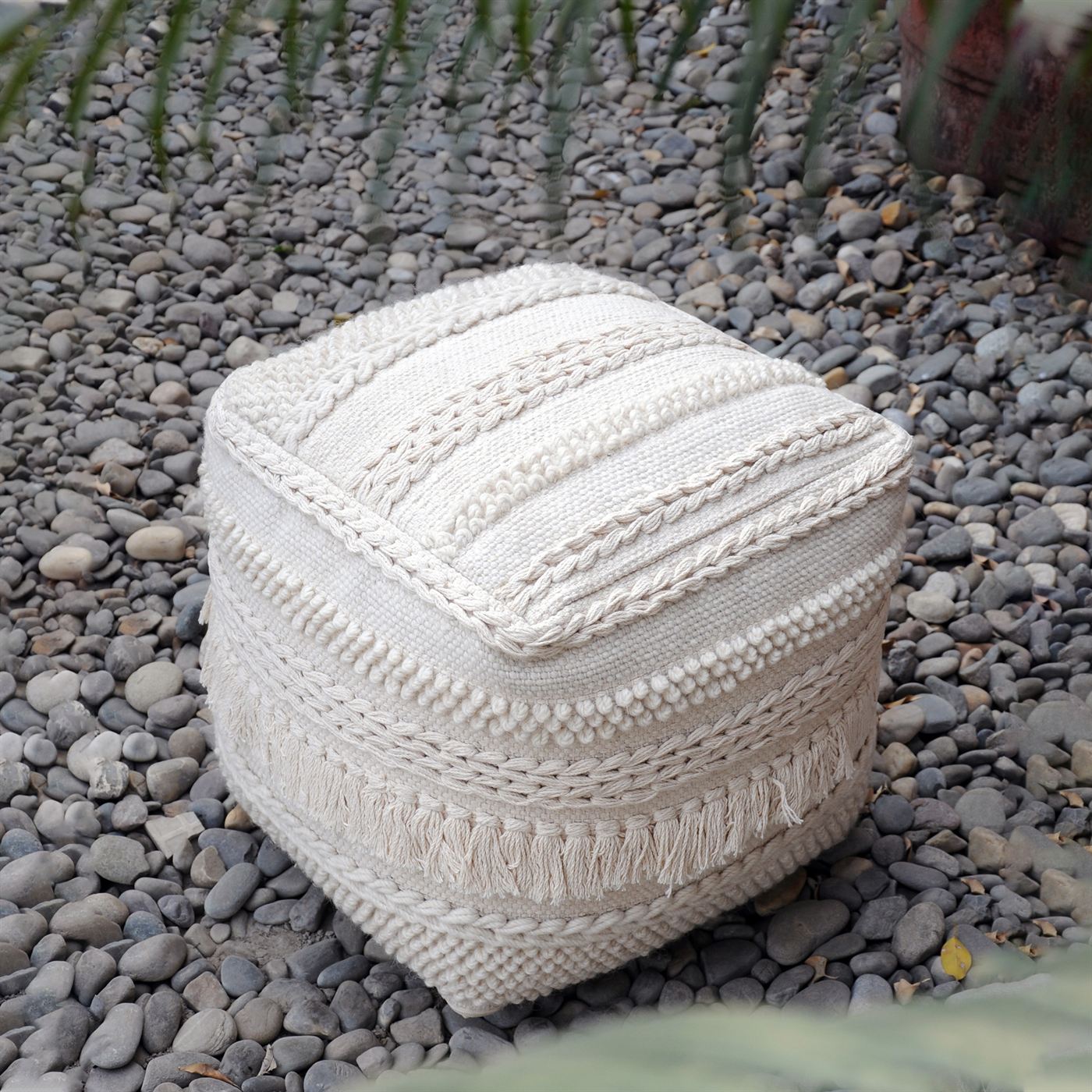 Pamir Pouf, Wool, Cotton, Natural White, Pitloom, All Loop