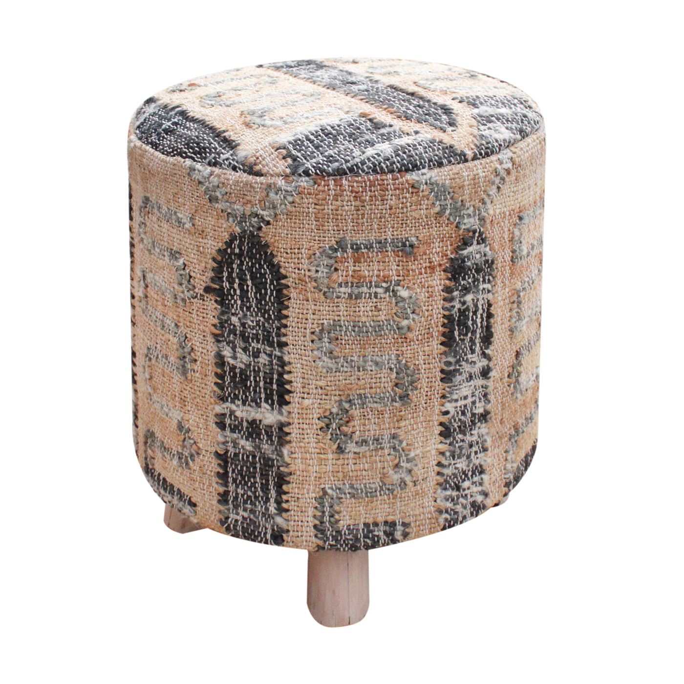 Parowan Round Stool, Jute, Wool, Natural, Charcoal, Punja, Flat Weave