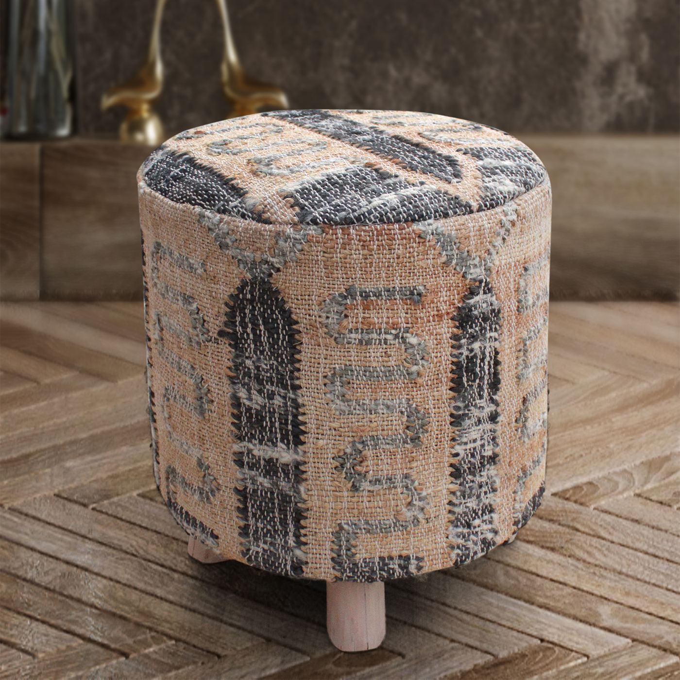 Parowan Round Stool, Jute, Wool, Natural, Charcoal, Punja, Flat Weave