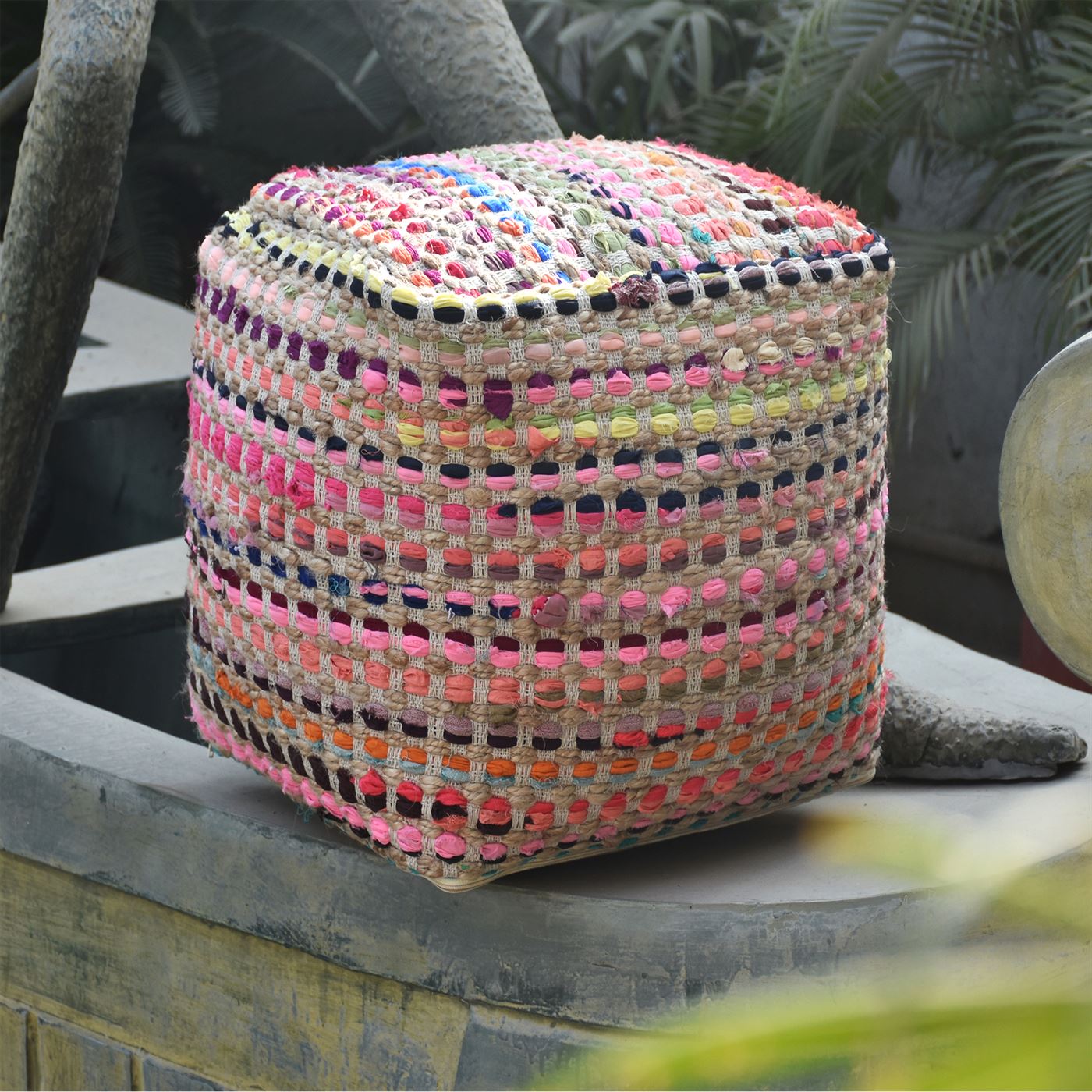 Passo Pouf , Hemp, Recycled Fabric, Multi, Natural, Pitloom, Flat Weave 