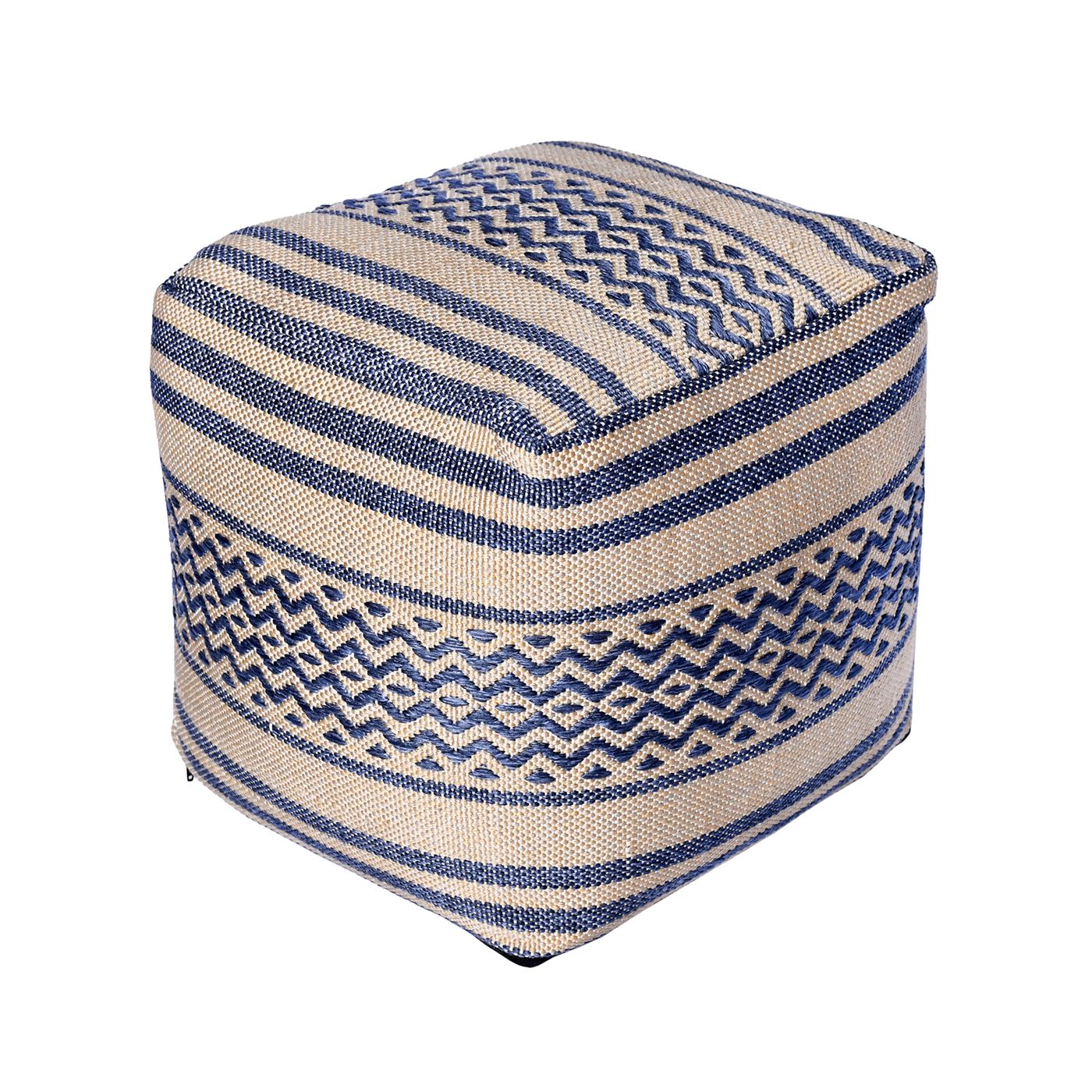 Pazar Pouf, Polypropylene, Beige,Navy, Pitloom, Flat Weave