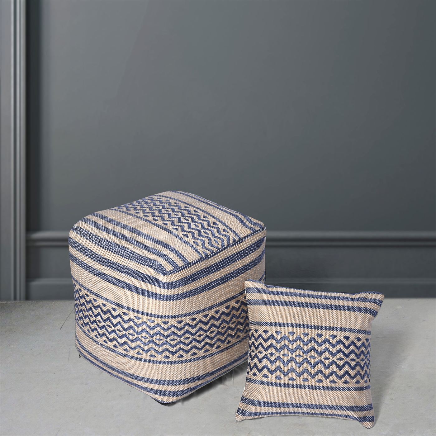 Pazar Pouf, Polypropylene, Beige,Navy, Pitloom, Flat Weave