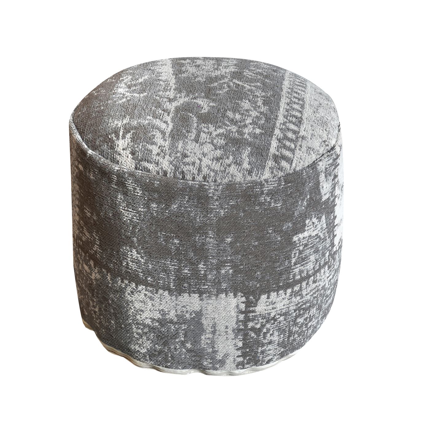 Pexton Pouf, Cotton Chenille, Taupe, Jaquard Durry, Flat Weave