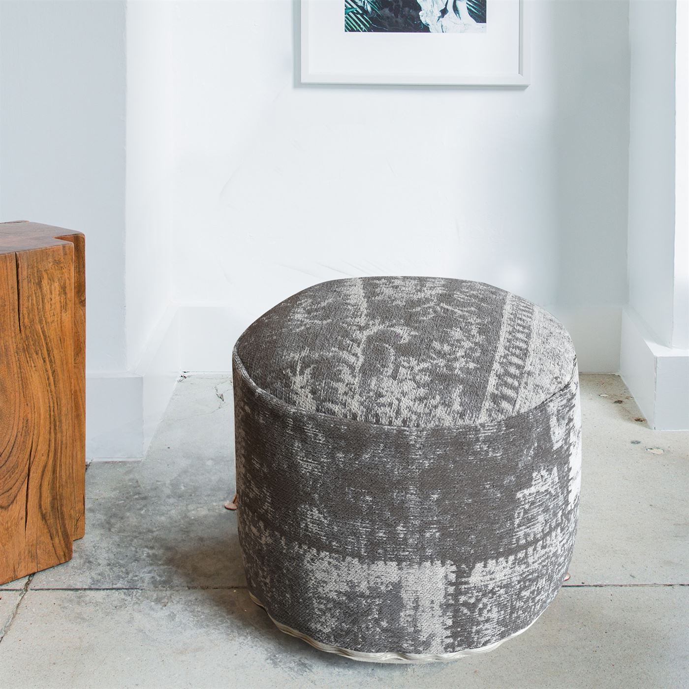 Pexton Pouf, Cotton Chenille, Taupe, Jaquard Durry, Flat Weave