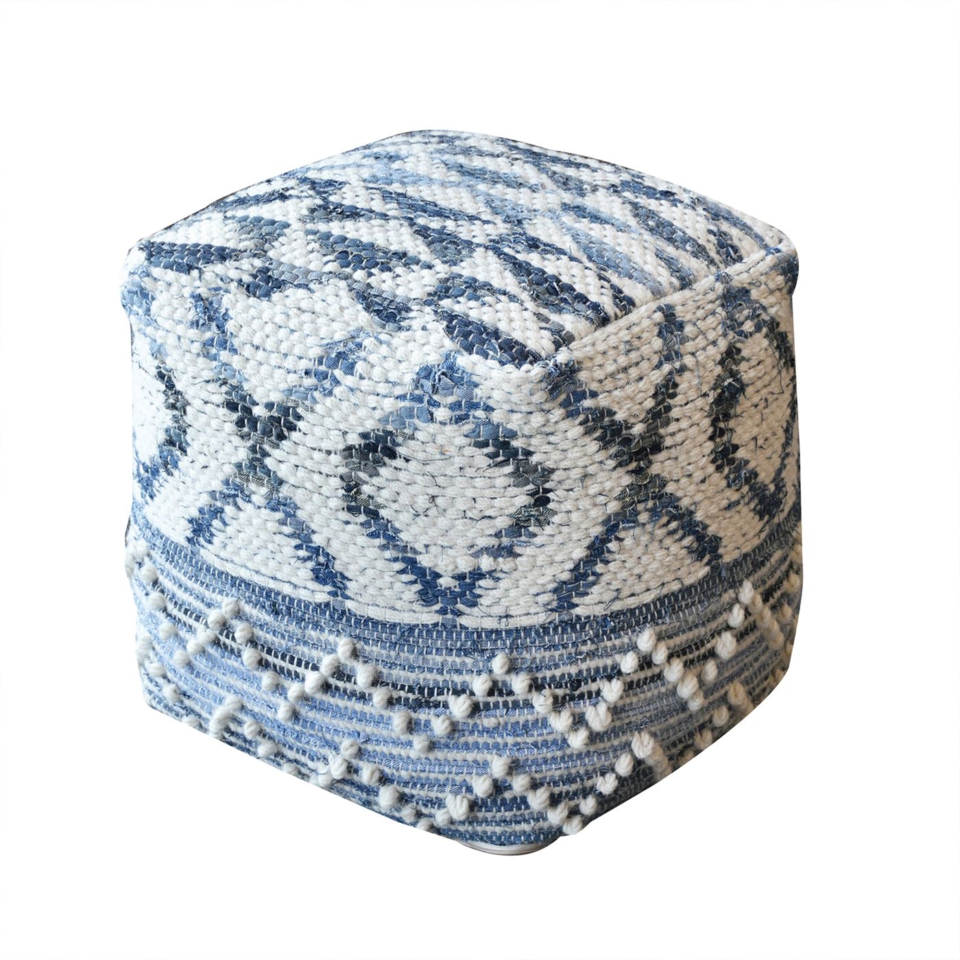 Plamer Pouf, Wool, Denim, Natural White, Blue, Pitloom, All Loop