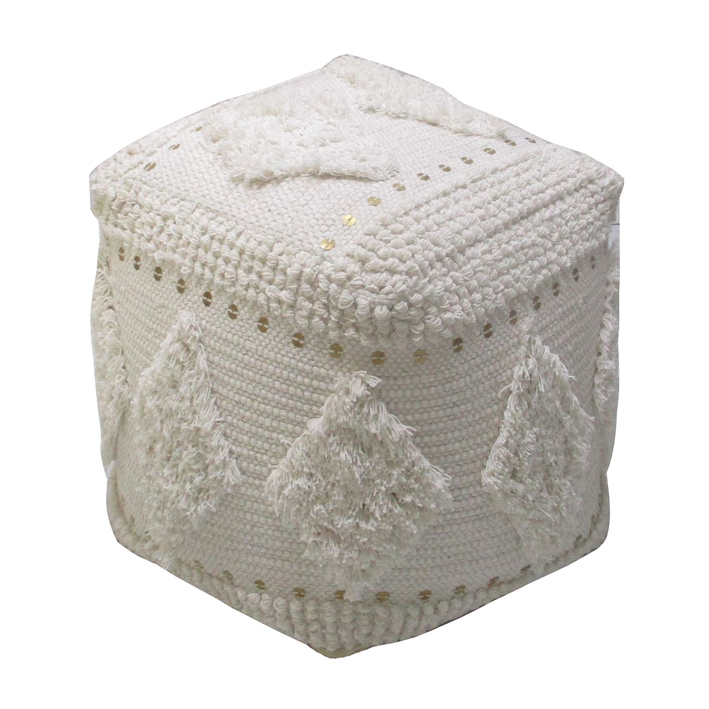 Pontar Pouf , Cotton, Metal Sequins, Natural White, Pitloom, Cut And Loop