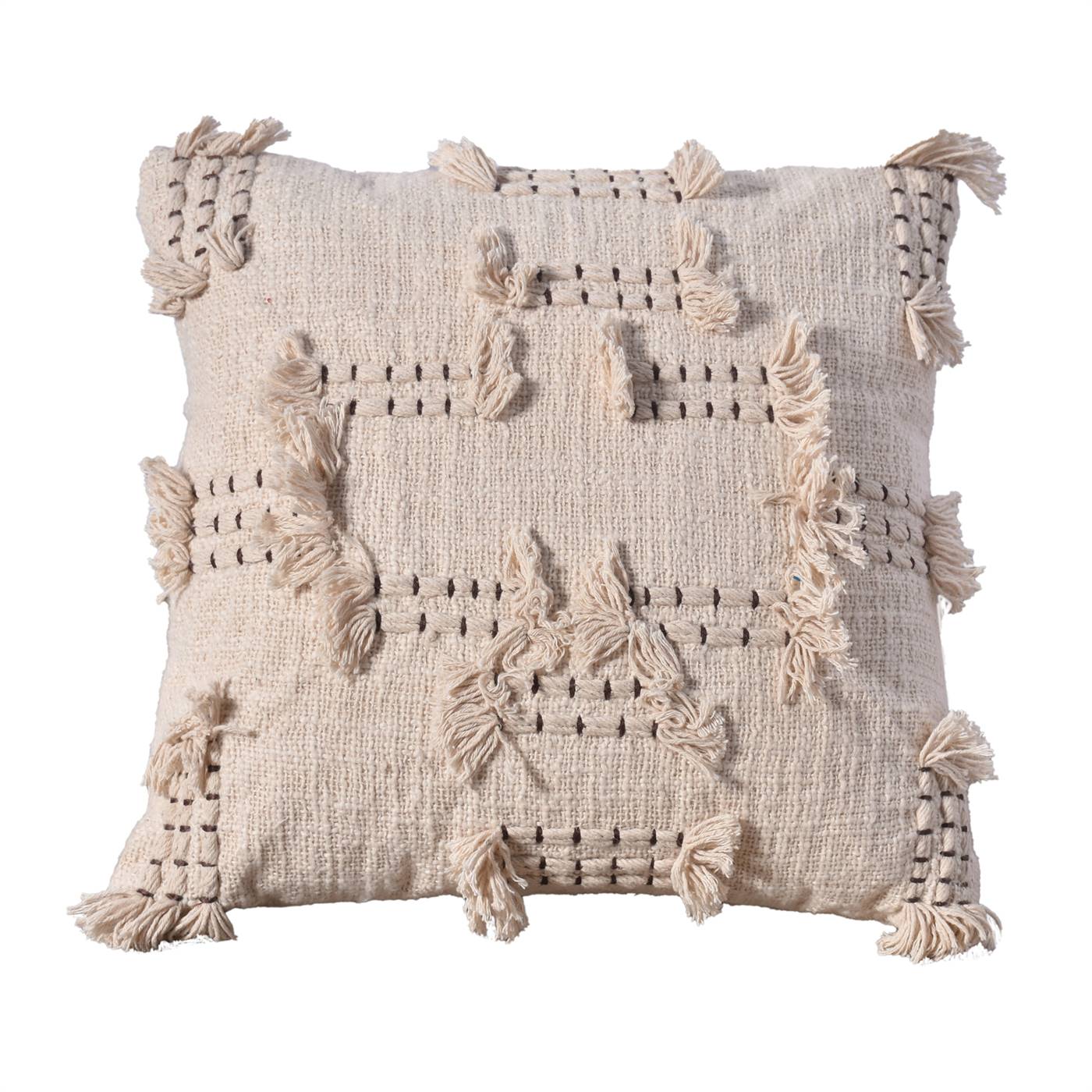 Reka Cushion, 45x45 cm, Natural White, Brown, Cotton, Hand Made, Hm Stitching, Flat Weave