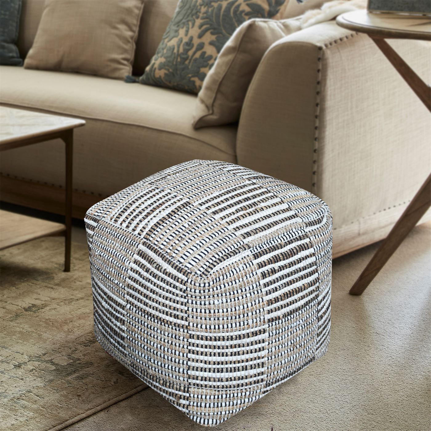 Rodeo Pouf, Hemp, Recycled Cotton, Natural White, Natural, Pitloom, Flat Weave