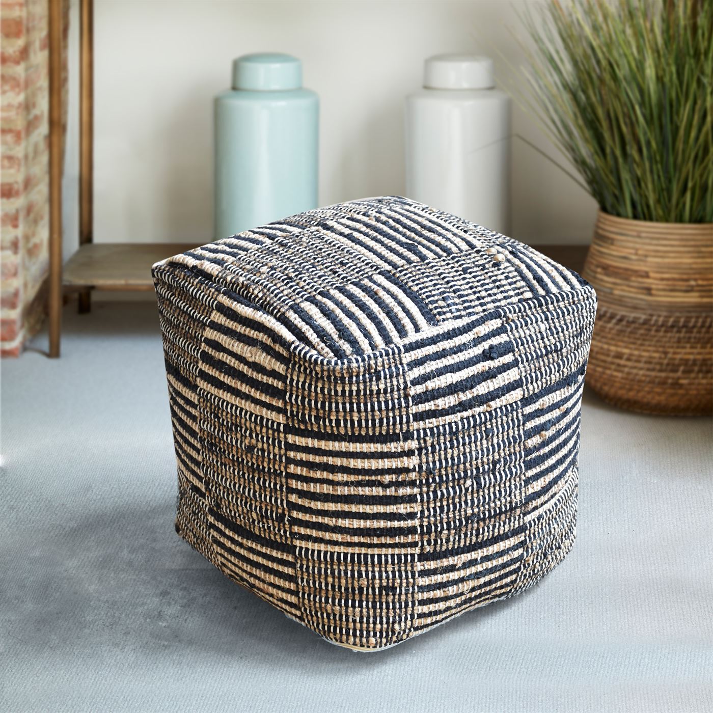 Rodeo Pouf, Hemp, Recycled Cotton, Charcoal, Natural, Pitloom, Flat Weave