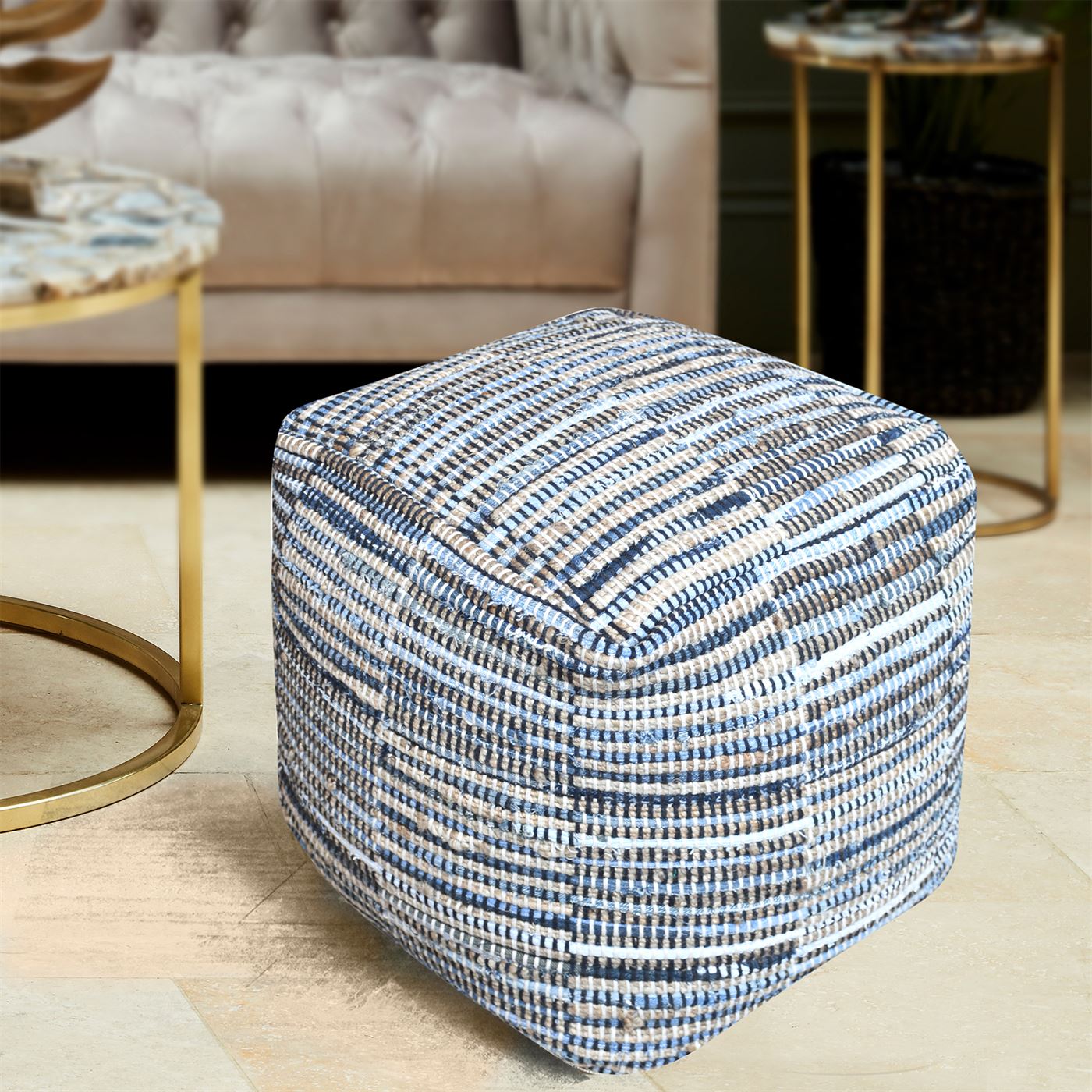 Rodeo Pouf, Hemp, Recycled Cotton, Blue, Natural, Pitloom, Flat Weave