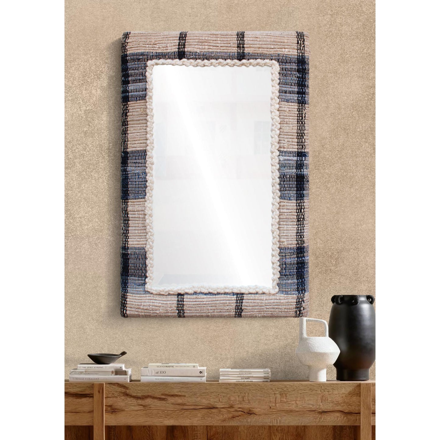 RONALDSEY WALL MIRROR - IVORY/BLUE - HAND WOVEN - MDF STRUCTURE - WOOL + COTTON DENIM