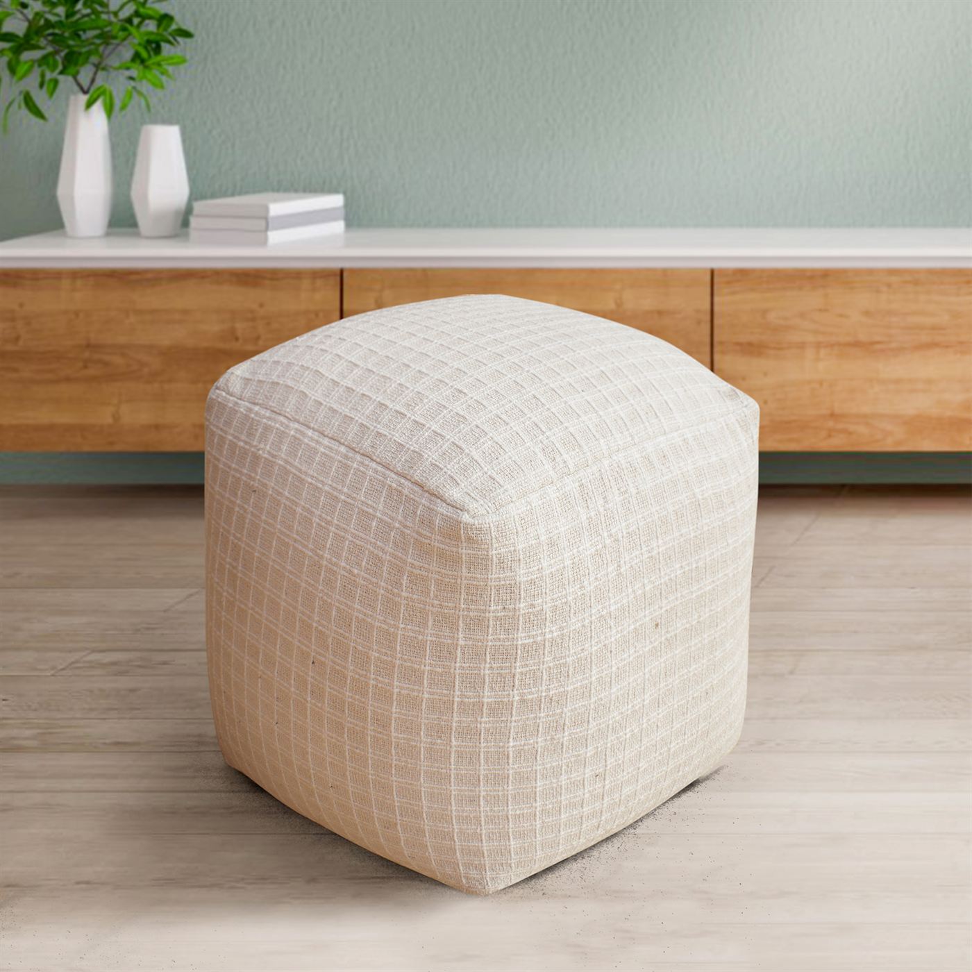 Reshovo Pouf, Cotton, Natural White, Hand woven, Flat Weave