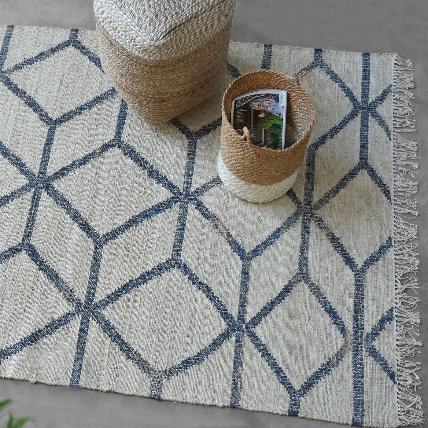 Area Rug, Bedroom Rug, Living Room Rug, Living Area Rug, Indian Rug, Office Carpet, Office Rug, Shop Rug Online, Hemp, Natural White, Blue, Punja, Flat Weave, Diamond