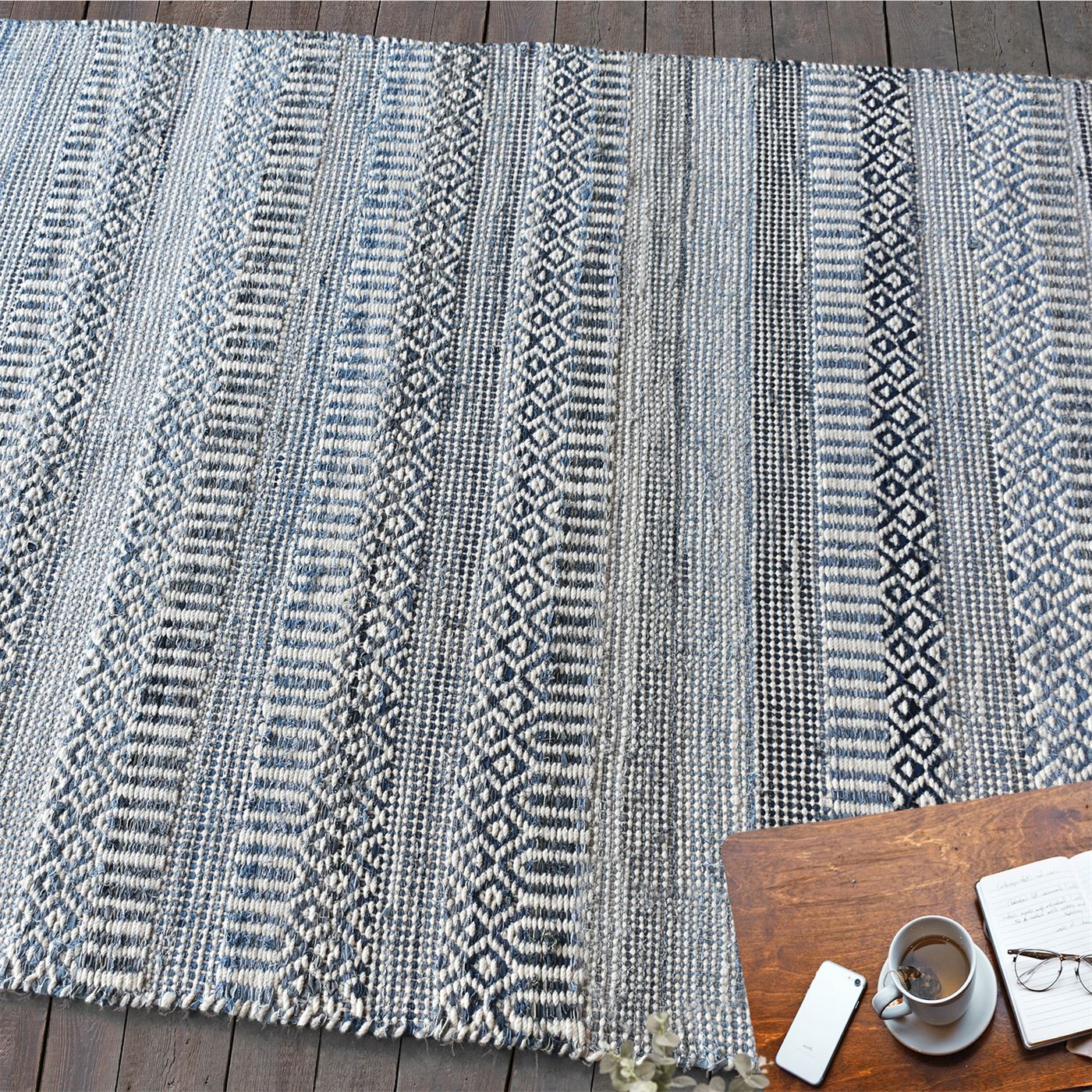 "Area Rug, Bedroom Rug, Living Room Rug, Living Area Rug, Indian Rug, Office Carpet, Office Rug, Shop Rug Online, Wool Denim , Natural White, Blue, Pitloom, Flat Weave, Geometrical"