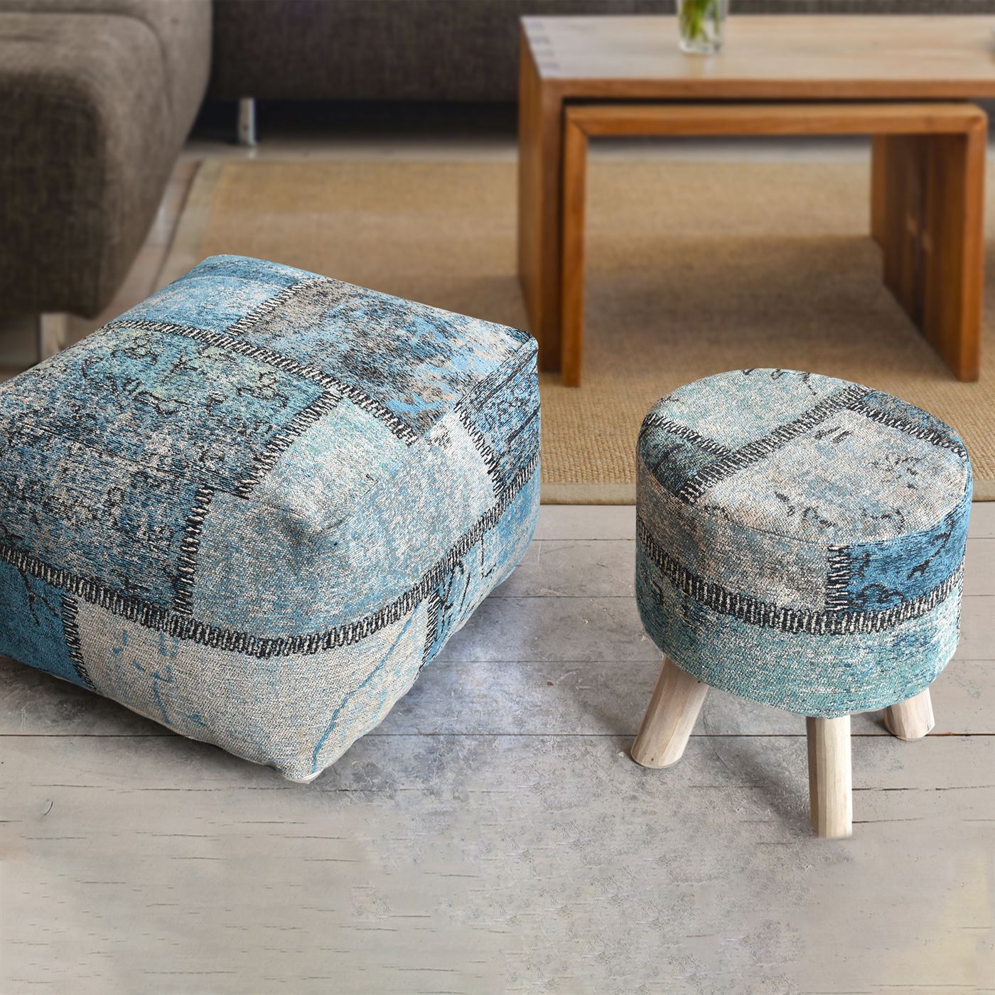 Setimo Pouf, Cotton Chenille, Blue