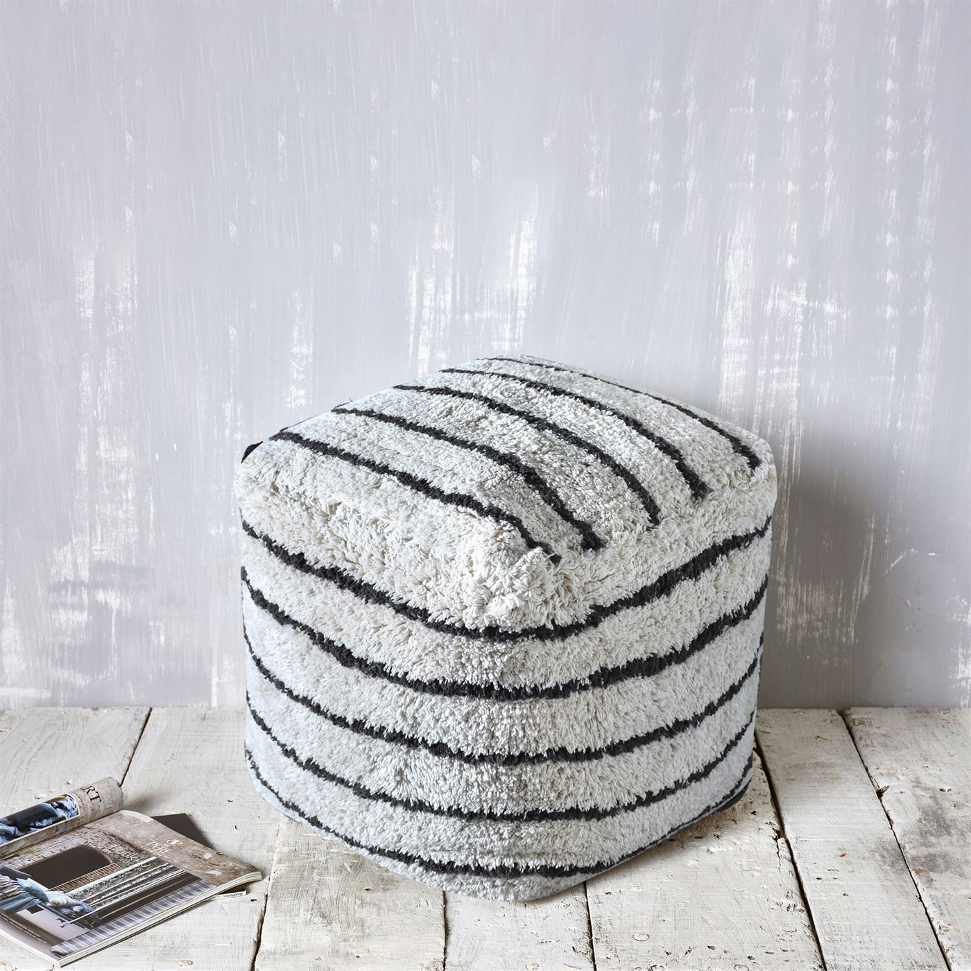 Sherwood Pouf, Cotton, Natural White/Charcoal, Bm Fn, All Cut